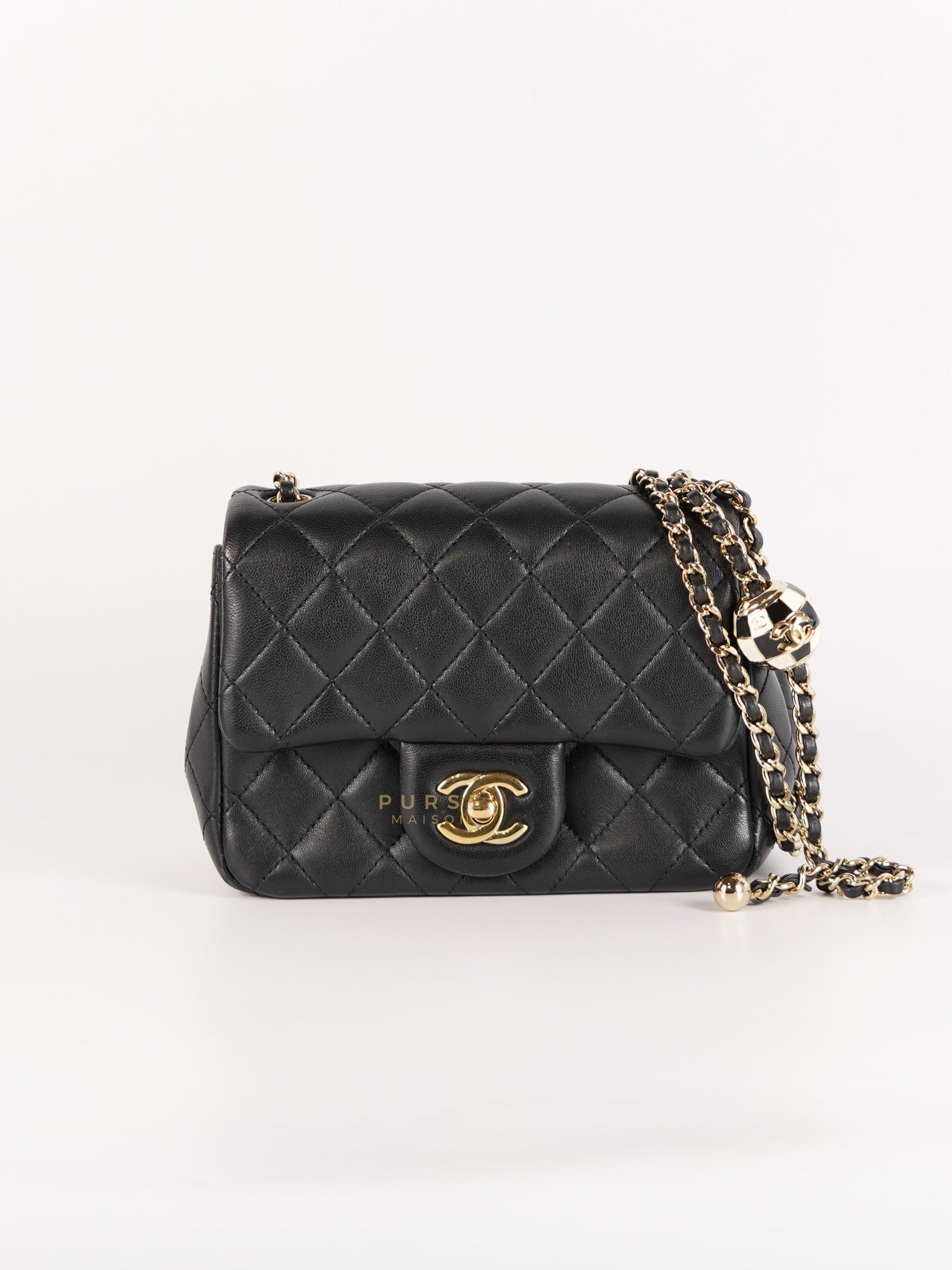 Mini Square Black Quilted Lambskin Leather Soccer Ball Pearl Crush in Gold Hardware (Microchip) | Purse Maison Luxury Bags Shop