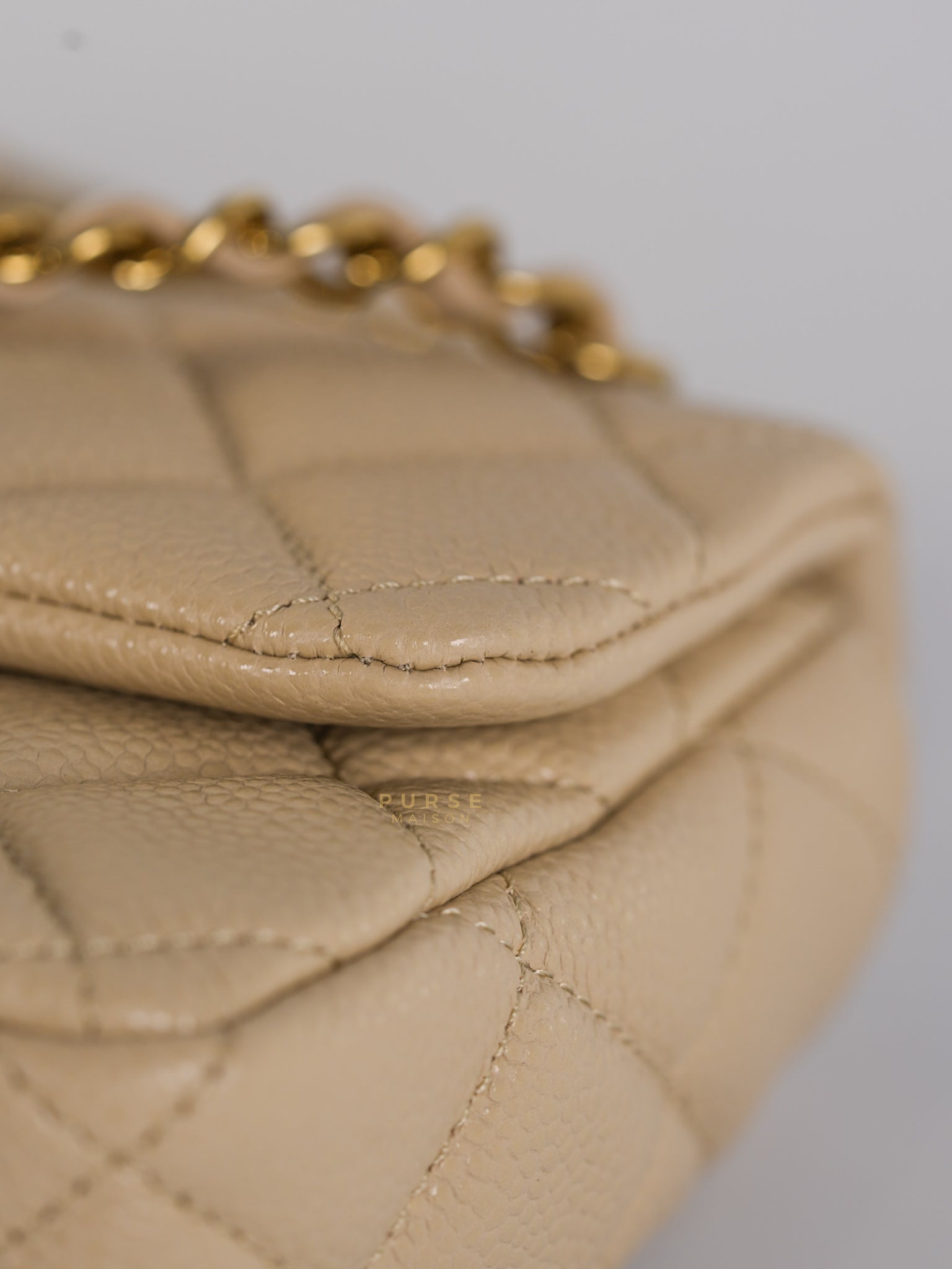 Mini Square Flap Bag in Beige Caviar Leather Gold Hardware(Microchip) | Purse Maison Luxury Bags Shop