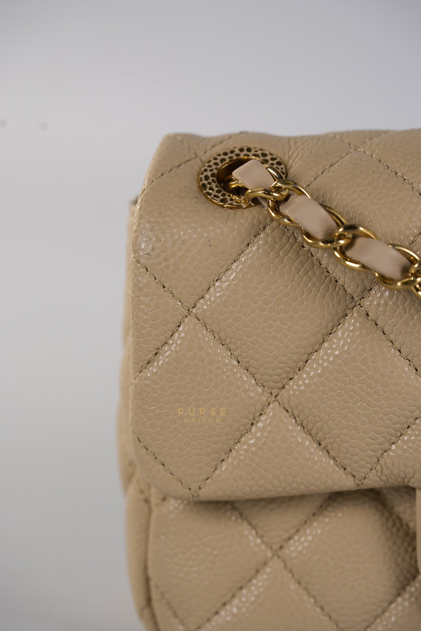 Mini Square Flap Bag in Beige Caviar Leather Gold Hardware(Microchip) | Purse Maison Luxury Bags Shop