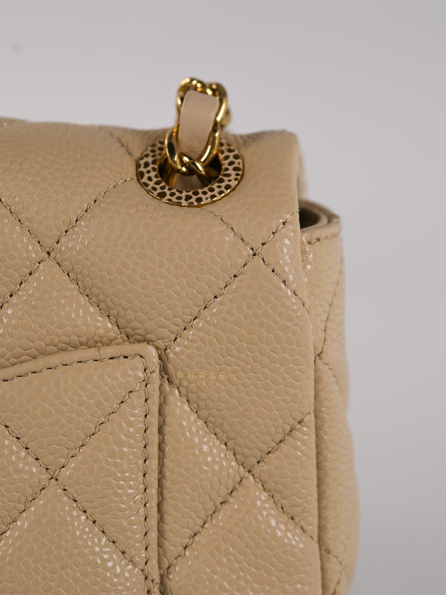 Mini Square Flap Bag in Beige Caviar Leather Gold Hardware(Microchip) | Purse Maison Luxury Bags Shop