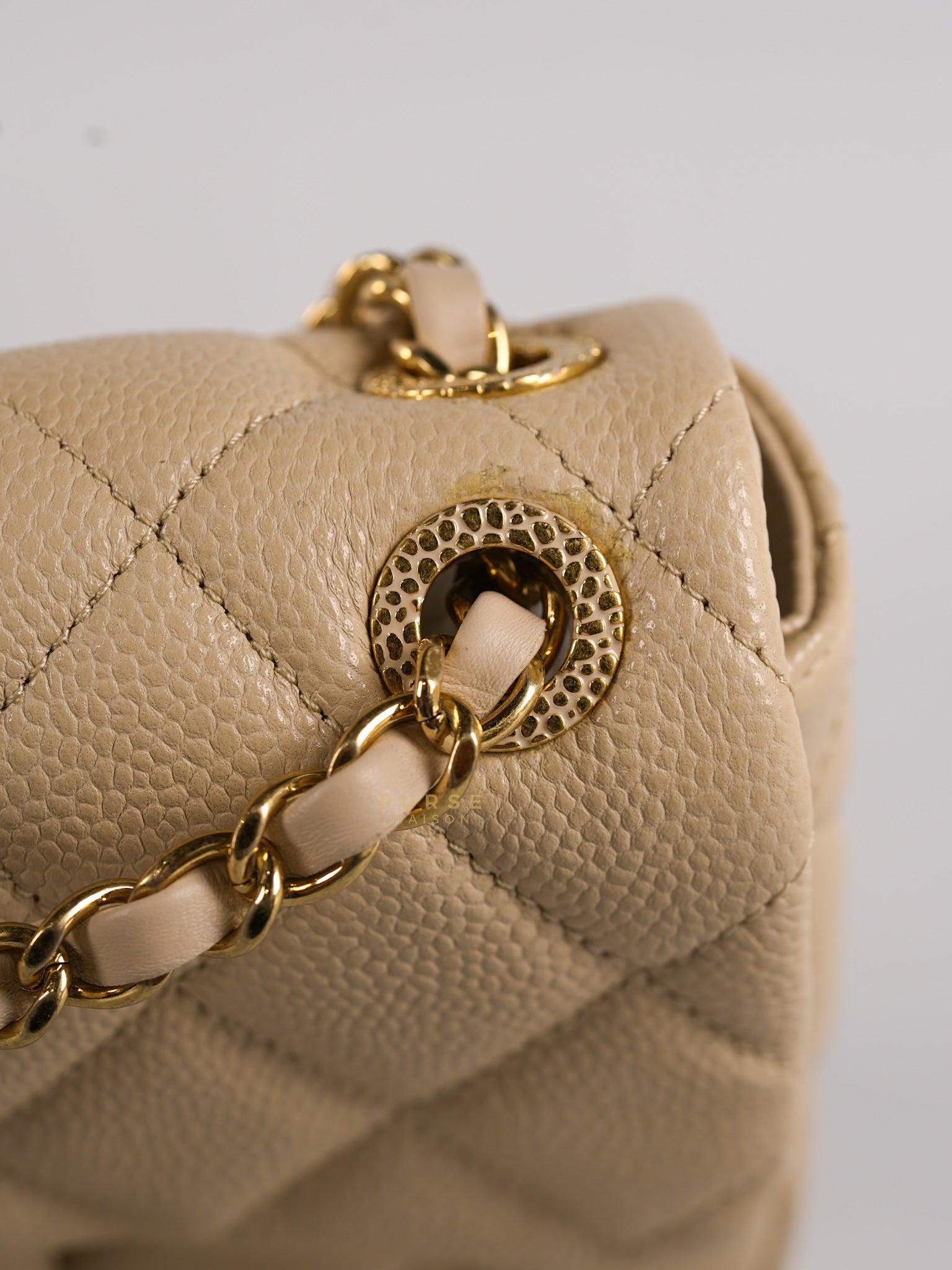 Mini Square Flap Bag in Beige Caviar Leather Gold Hardware(Microchip) | Purse Maison Luxury Bags Shop