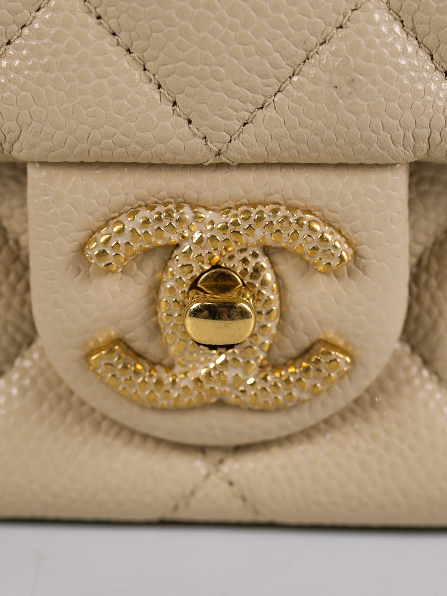Mini Square Flap Bag in Beige Caviar Leather Gold Hardware(Microchip) | Purse Maison Luxury Bags Shop