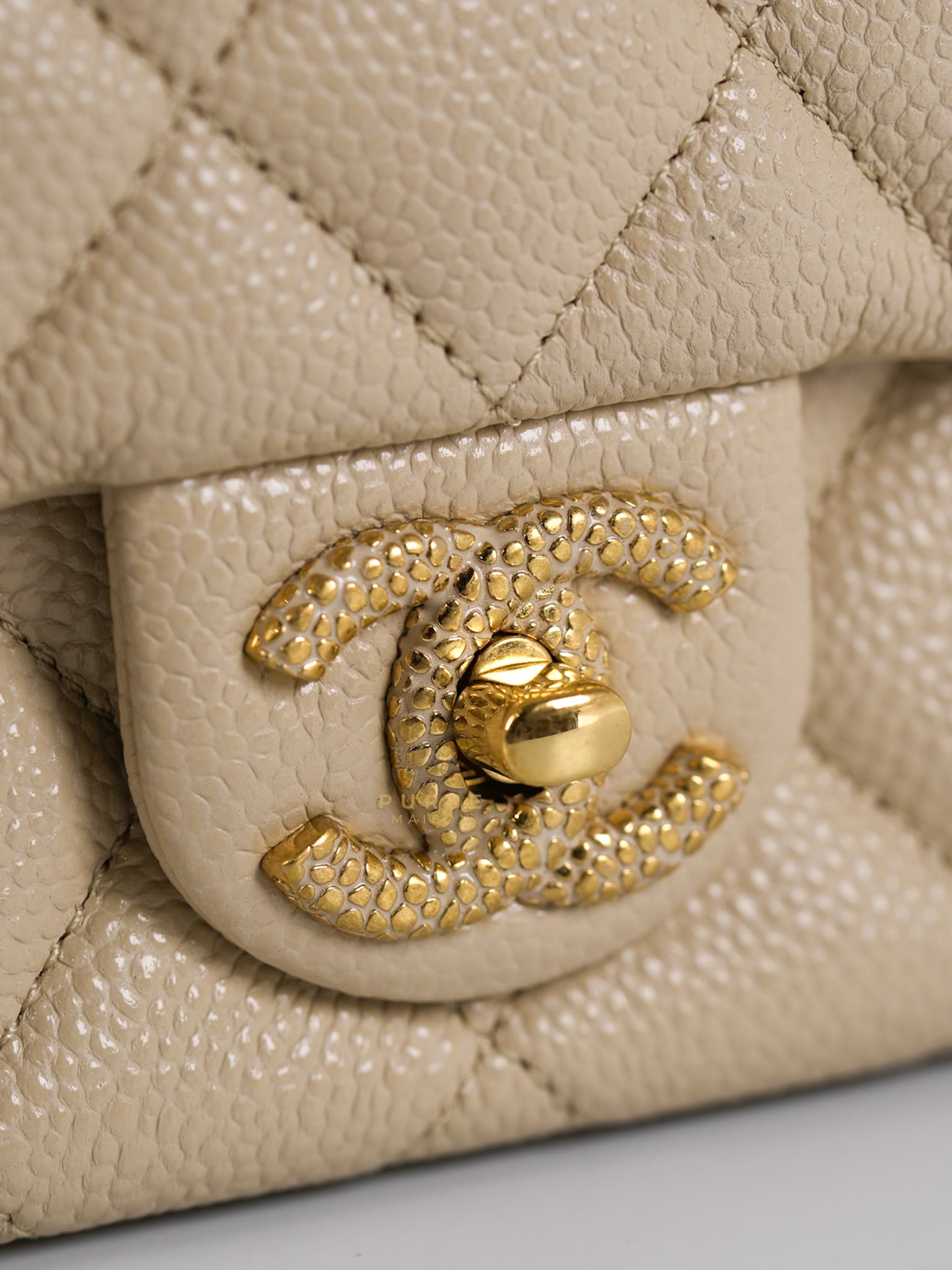 Mini Square Flap Bag in Beige Caviar Leather Gold Hardware(Microchip) | Purse Maison Luxury Bags Shop