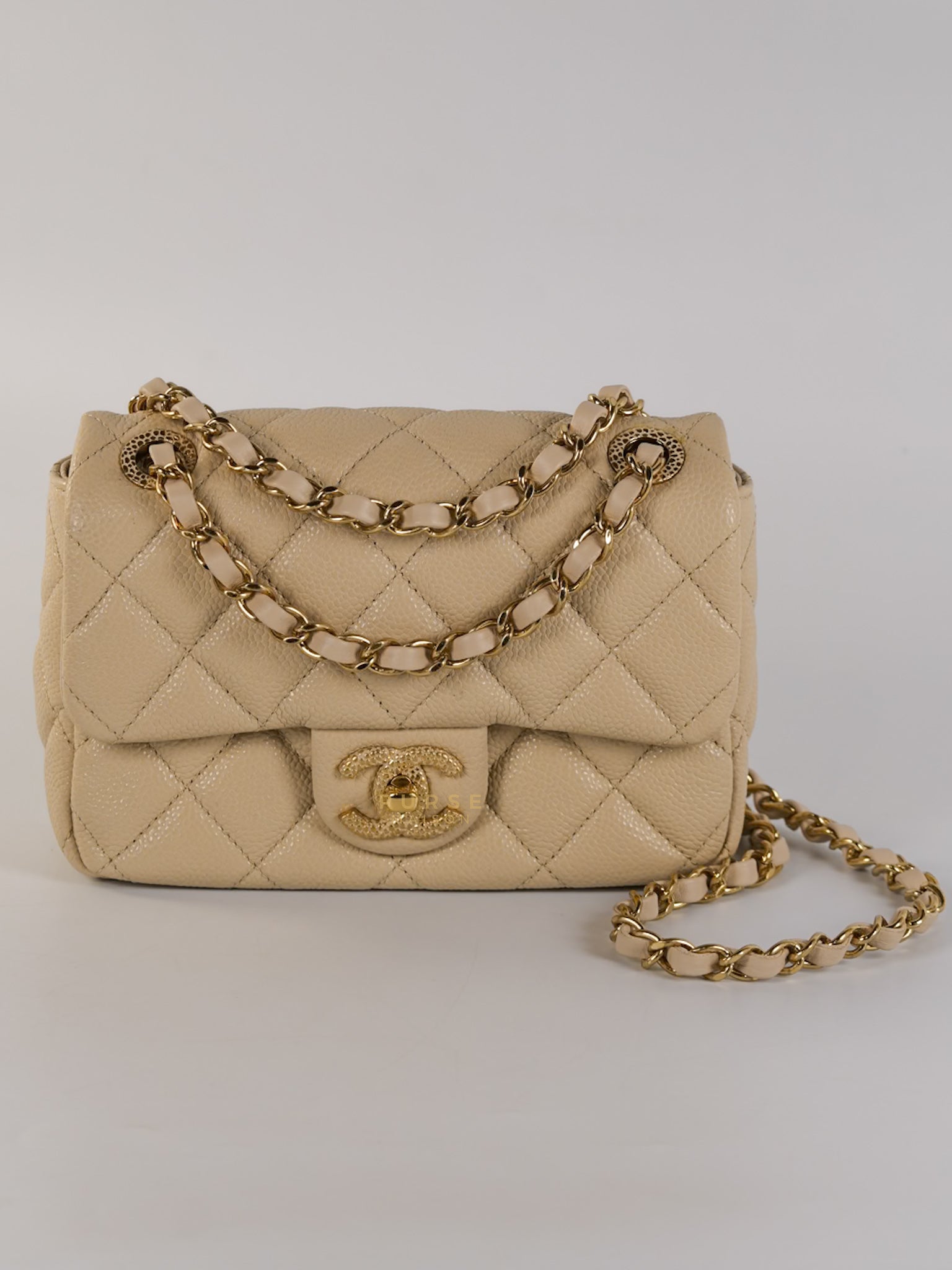 Mini Square Flap Bag in Beige Caviar Leather Gold Hardware(Microchip) | Purse Maison Luxury Bags Shop