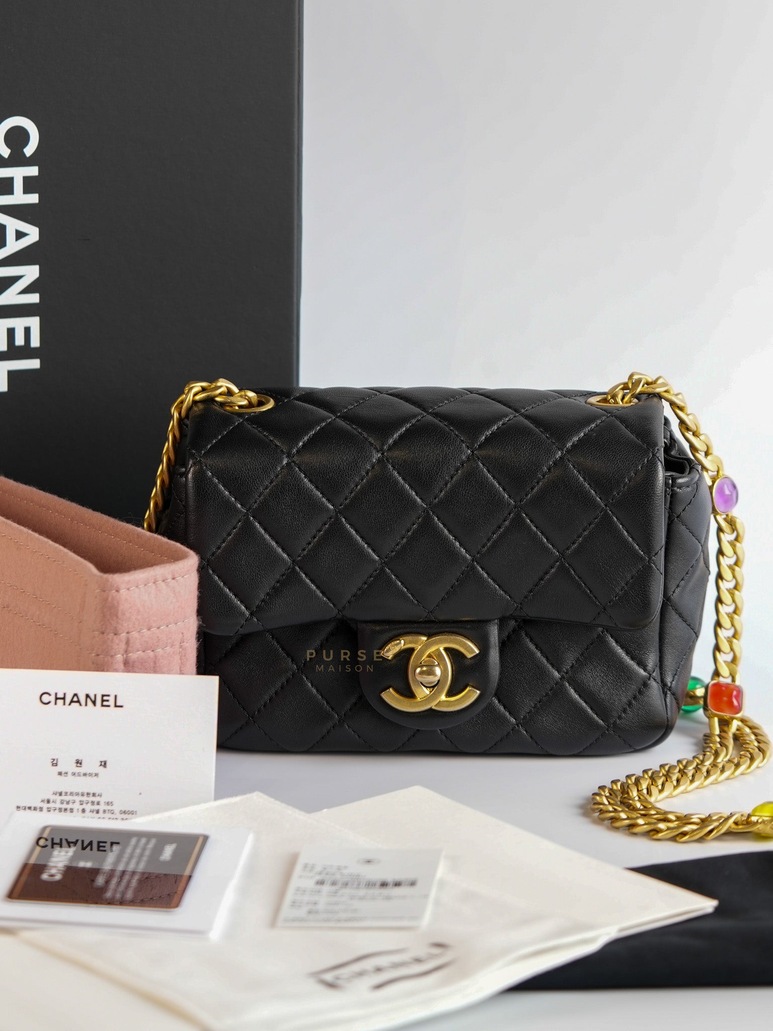 Mini Square Flap Samba Pearl in Lambskin and Aged Gold Hardware Series 31 | Purse Maison Luxury Bags Shop