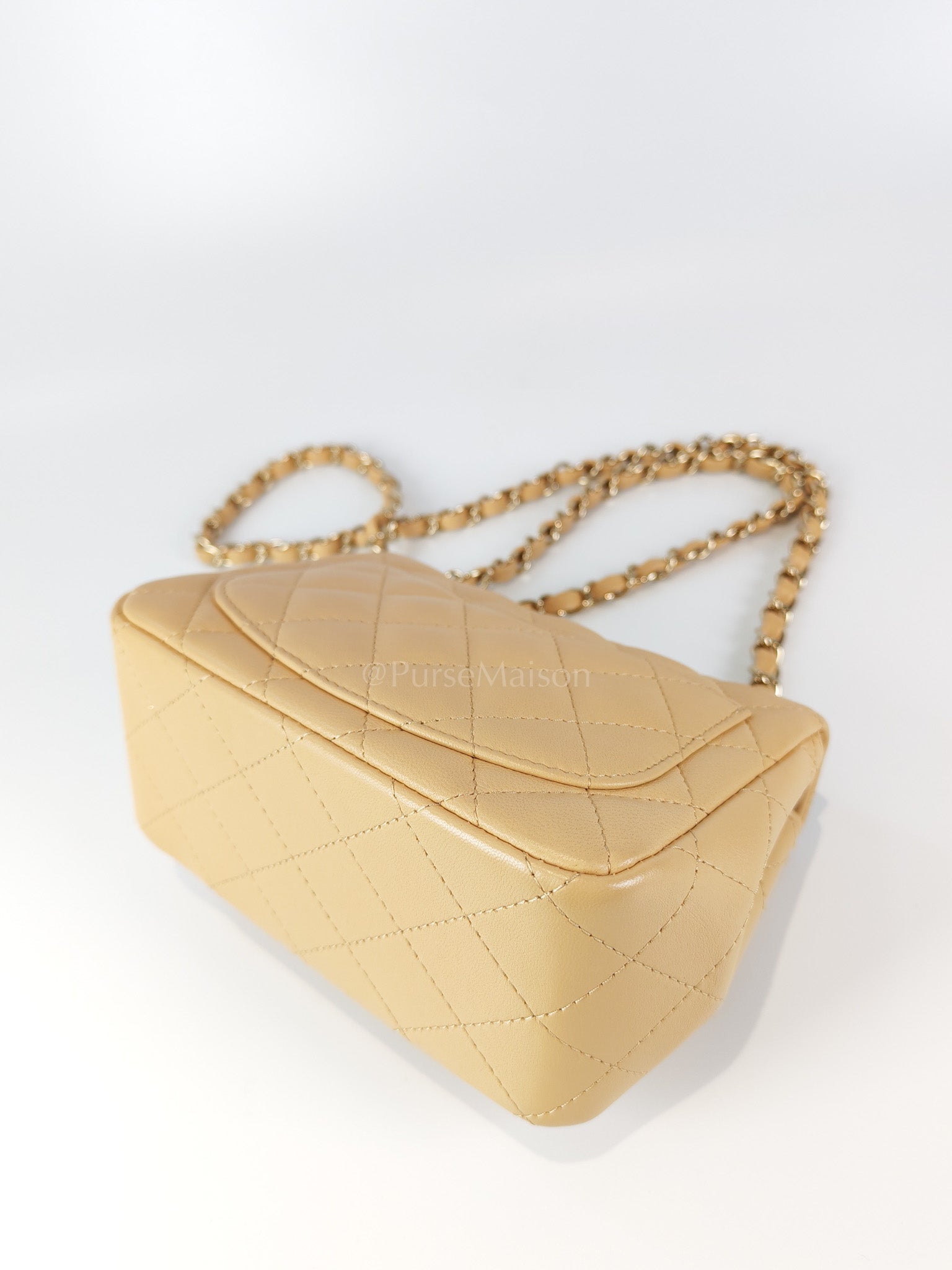 Mini Square in Beige Lambskin Leather and Light Gold Hardware(Microchip) | Purse Maison Luxury Bags Shop