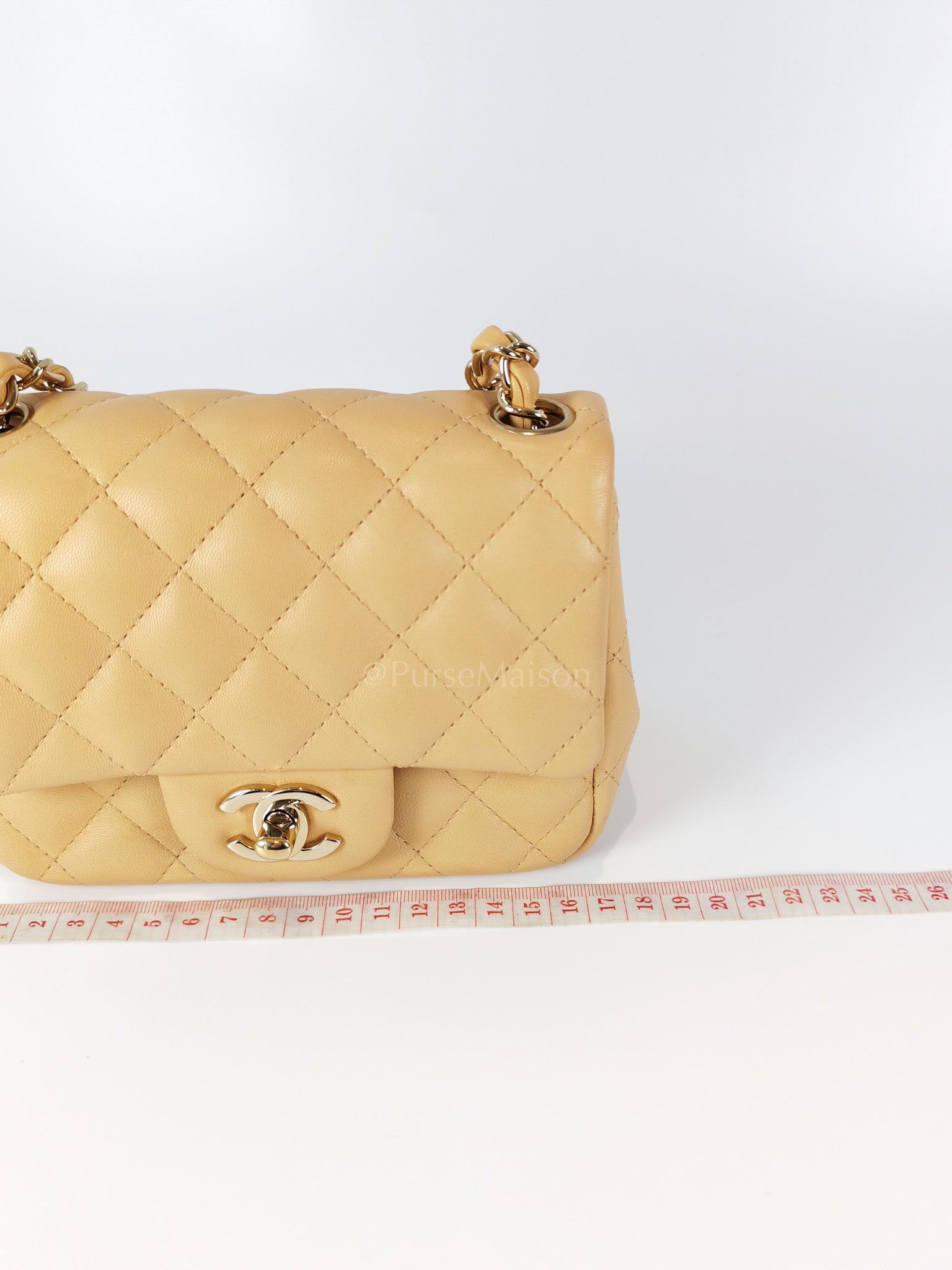 Mini Square in Beige Lambskin Leather and Light Gold Hardware(Microchip) | Purse Maison Luxury Bags Shop