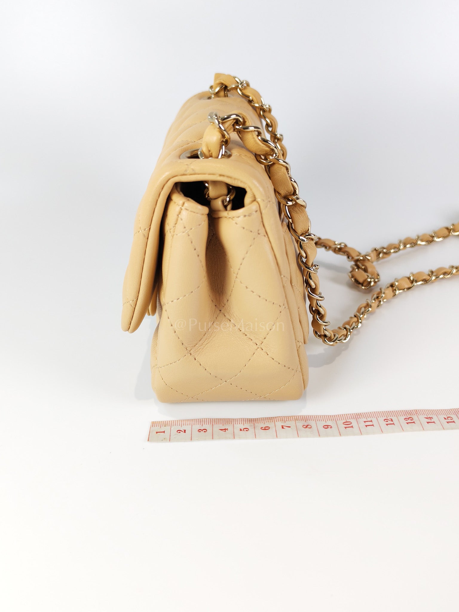 Mini Square in Beige Lambskin Leather and Light Gold Hardware(Microchip) | Purse Maison Luxury Bags Shop