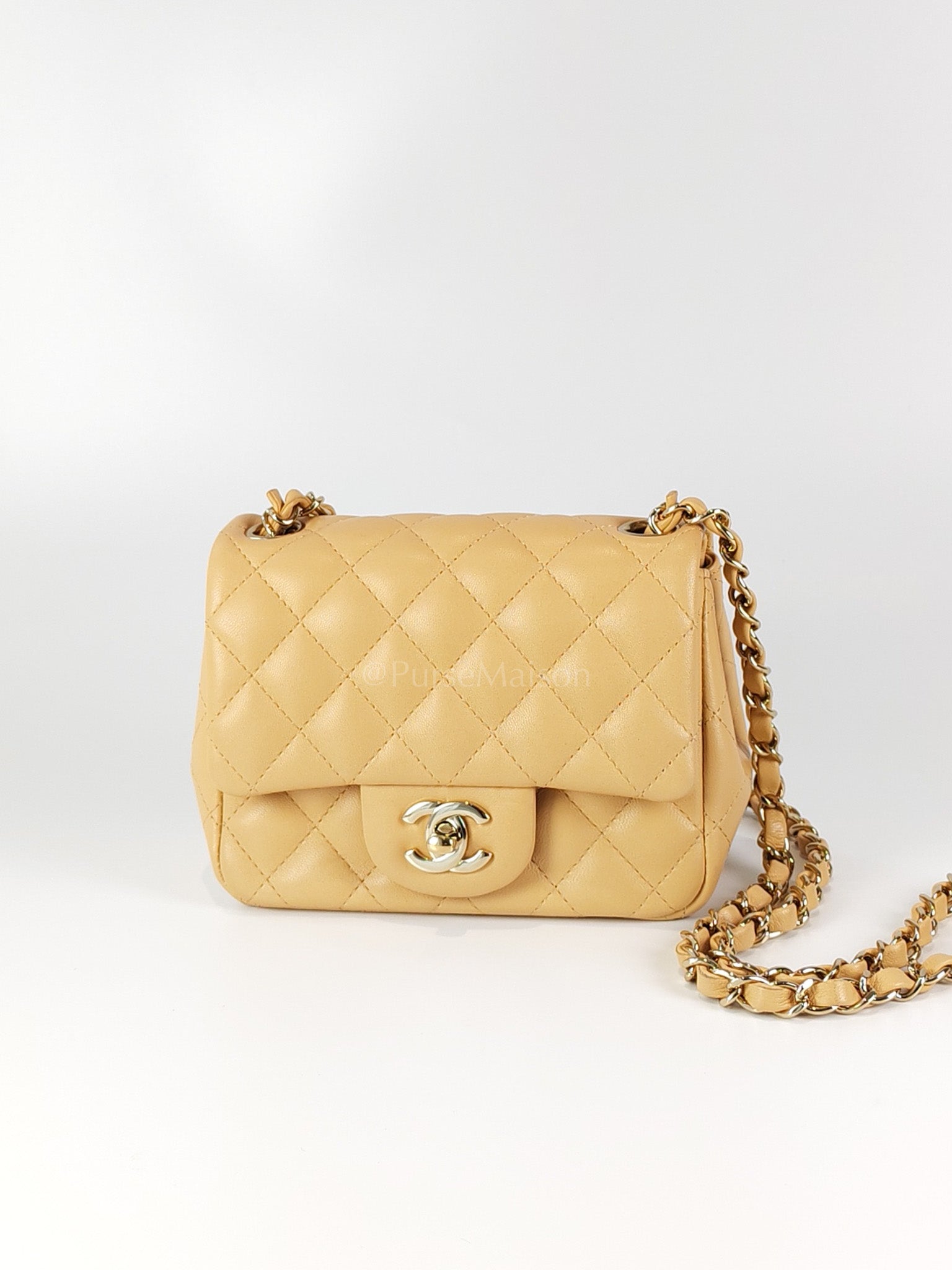 Mini Square in Beige Lambskin Leather and Light Gold Hardware(Microchip) | Purse Maison Luxury Bags Shop