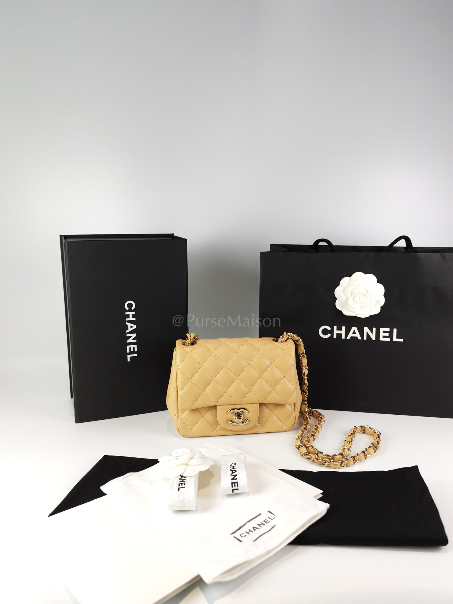 Mini Square in Beige Lambskin Leather and Light Gold Hardware(Microchip) | Purse Maison Luxury Bags Shop