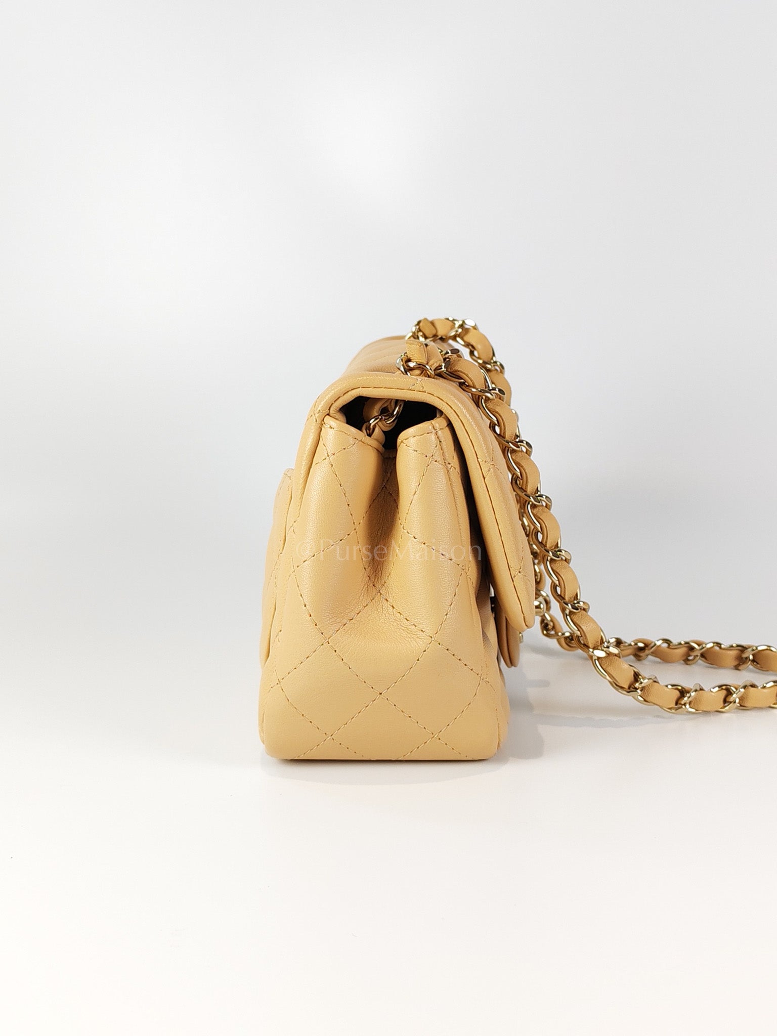 Mini Square in Beige Lambskin Leather and Light Gold Hardware(Microchip) | Purse Maison Luxury Bags Shop