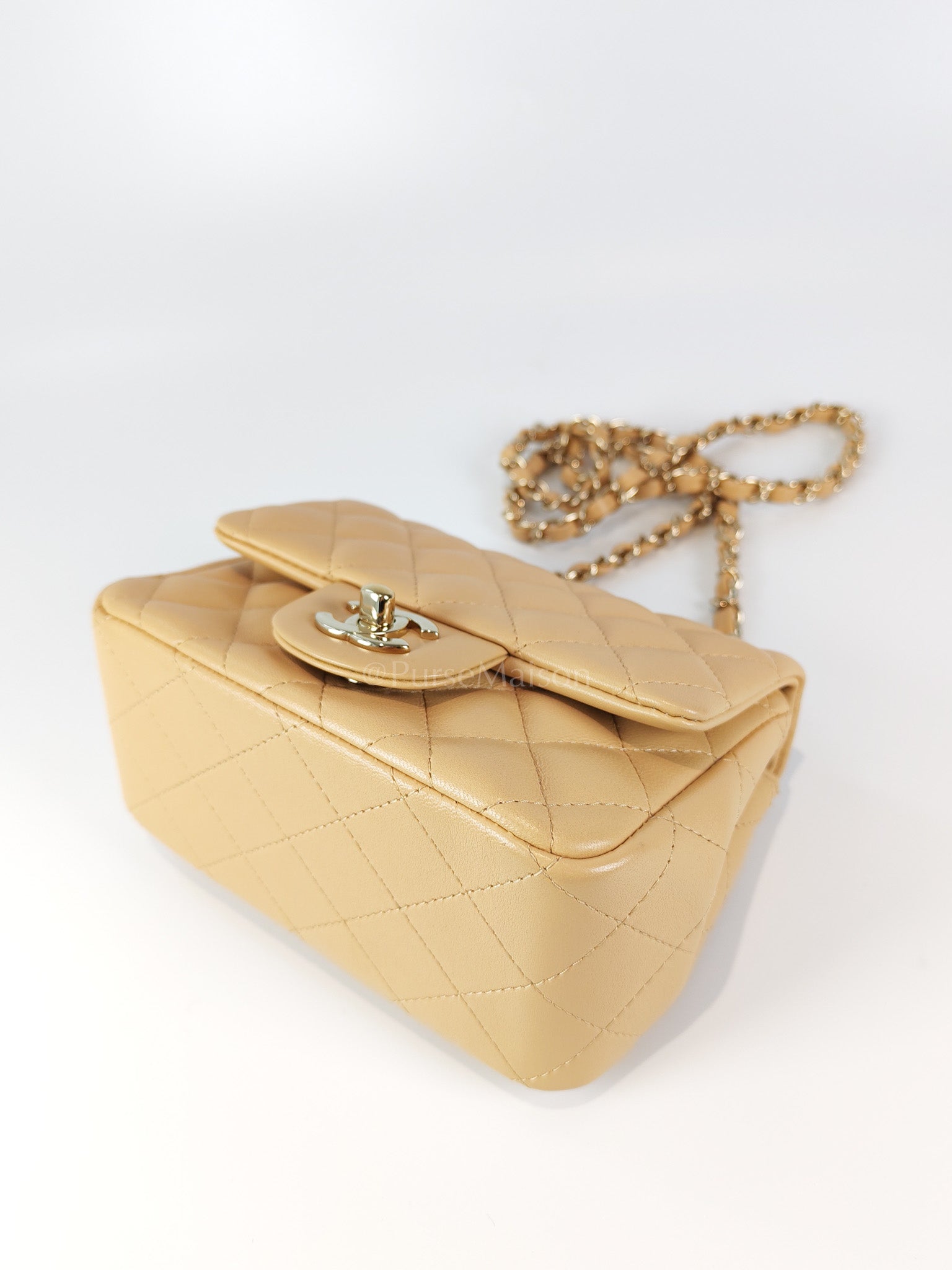 Mini Square in Beige Lambskin Leather and Light Gold Hardware(Microchip) | Purse Maison Luxury Bags Shop