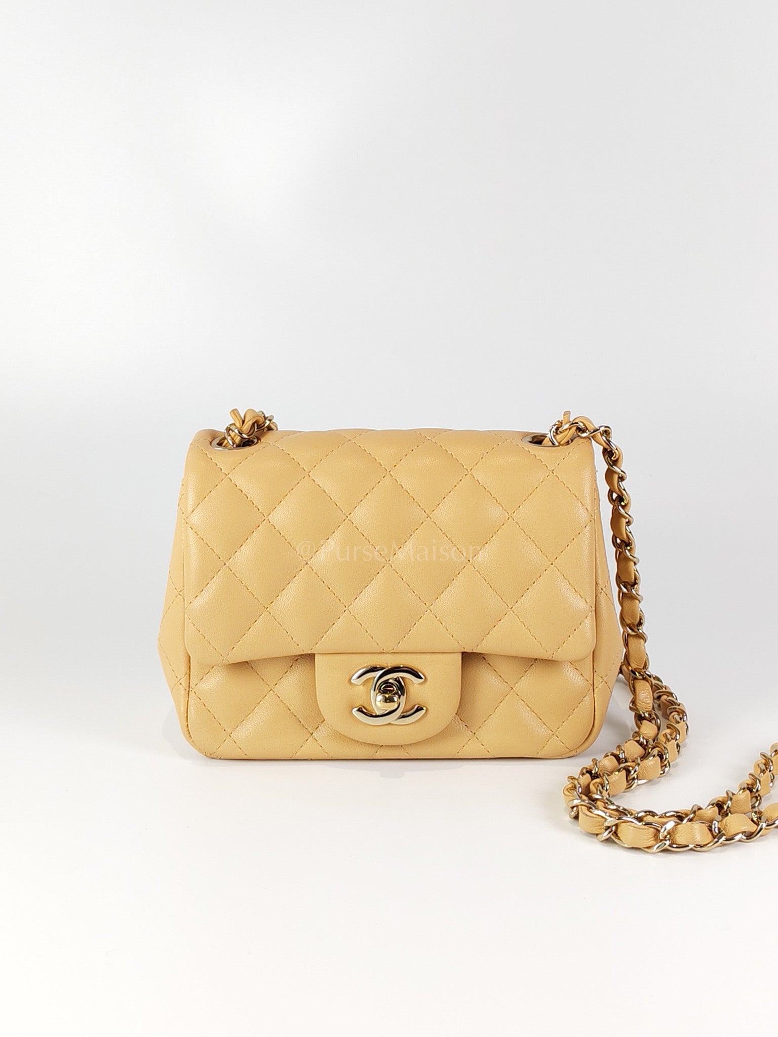 Mini Square in Beige Lambskin Leather and Light Gold Hardware(Microchip) | Purse Maison Luxury Bags Shop