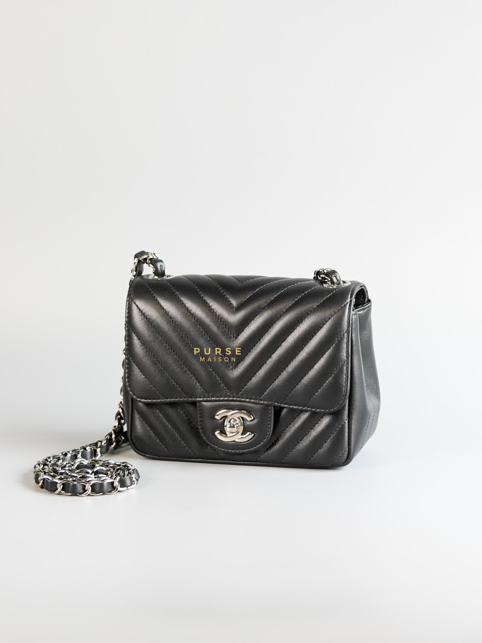 Mini Square in Black Lambskin Leather and Silver Hardware Series 30 | Purse Maison Luxury Bags Shop