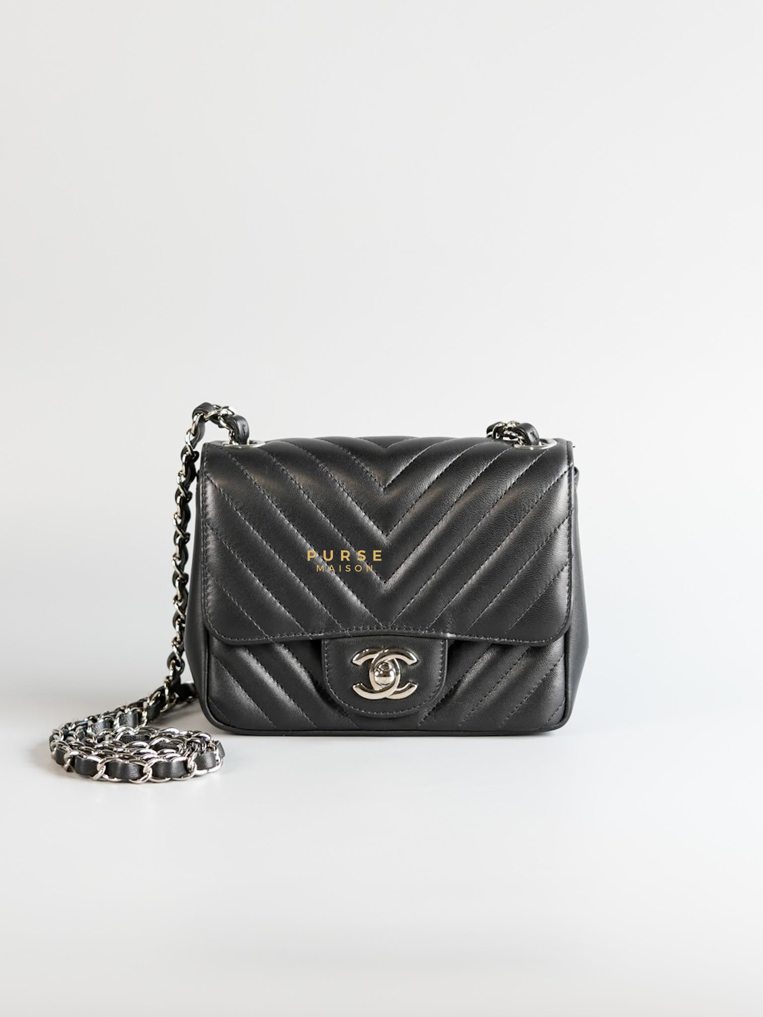 Mini Square in Black Lambskin Leather and Silver Hardware Series 30 | Purse Maison Luxury Bags Shop