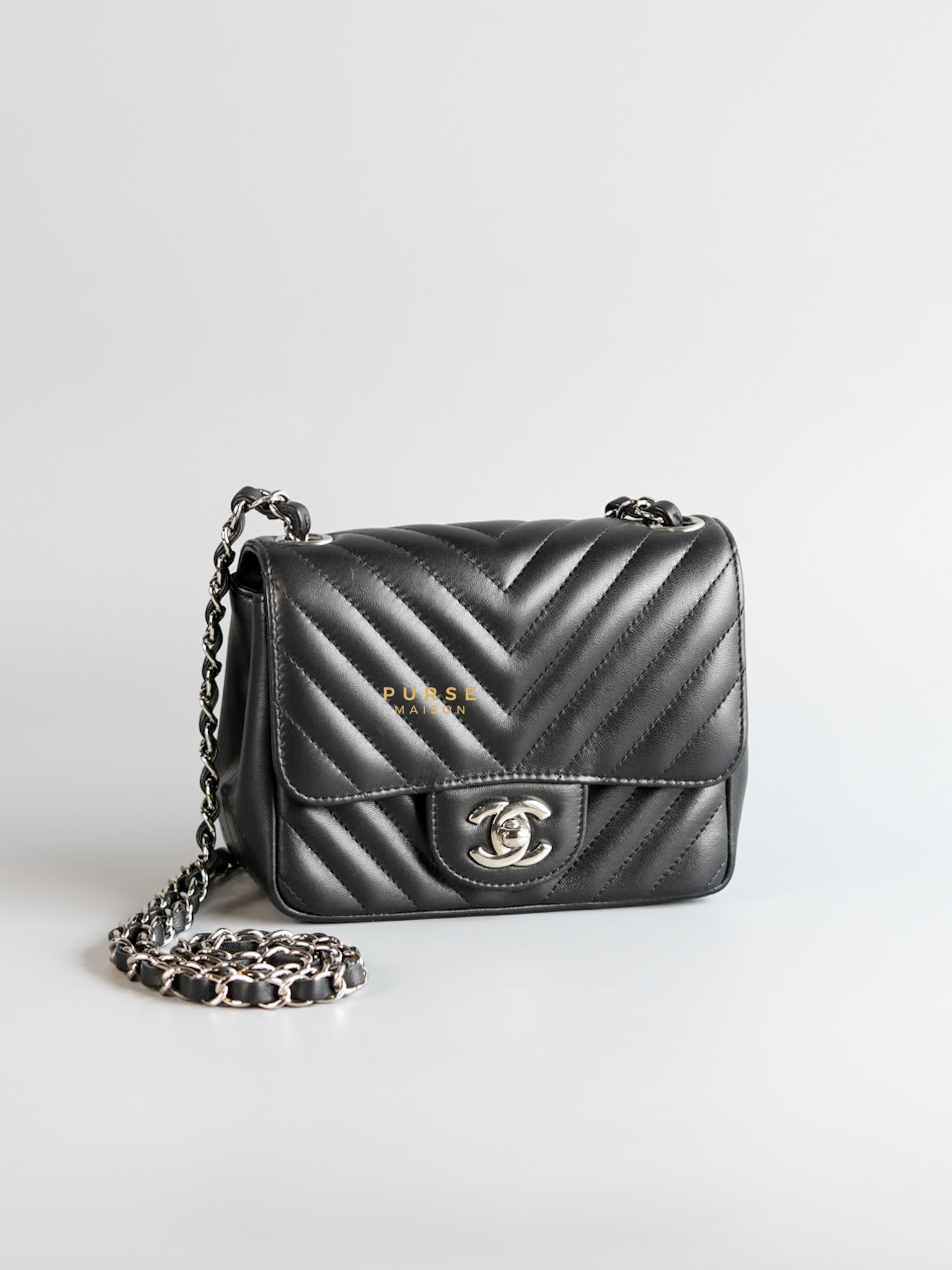 Mini Square in Black Lambskin Leather and Silver Hardware Series 30 | Purse Maison Luxury Bags Shop