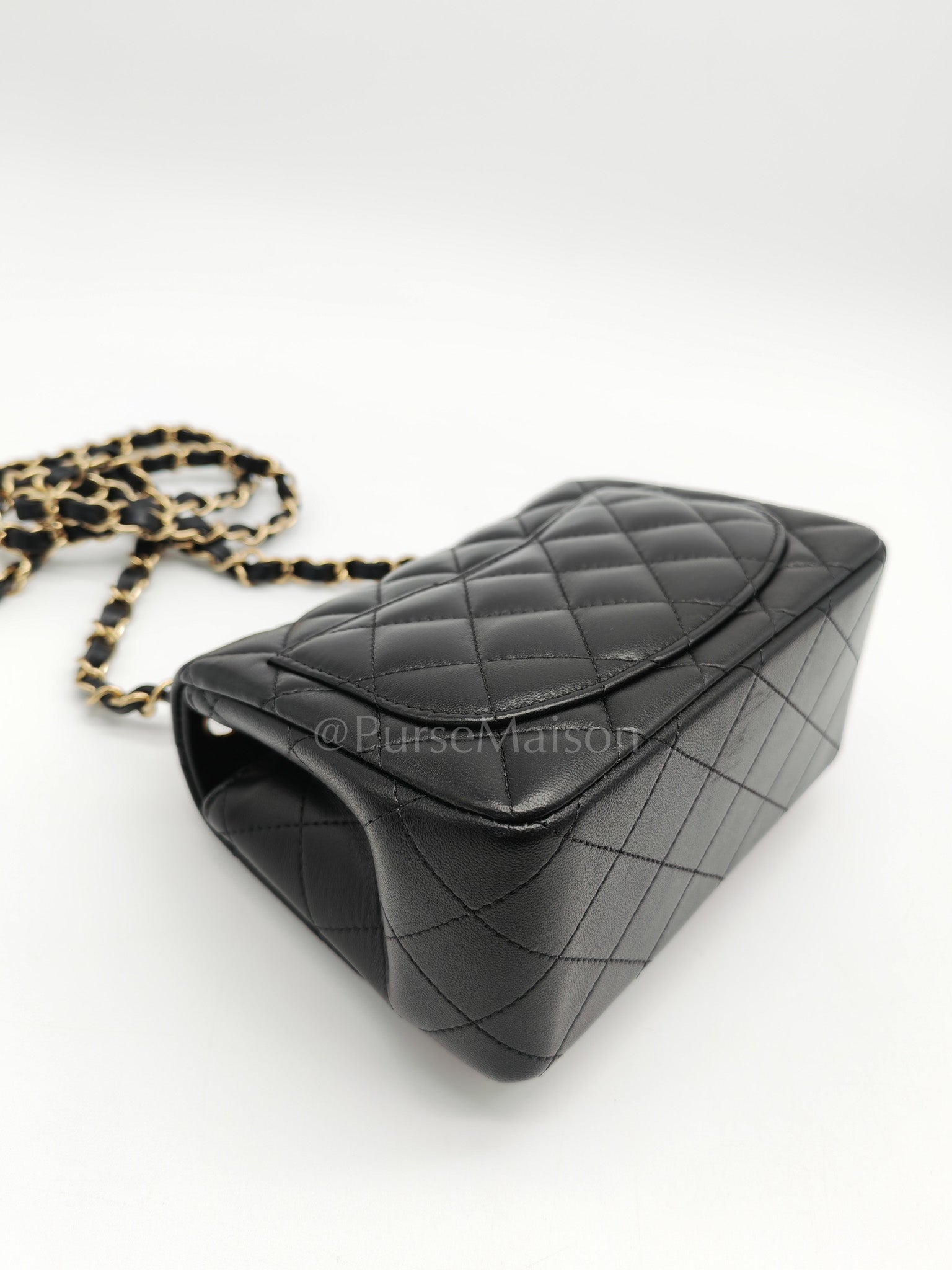 Mini Square in Black Quilted Lambskin Leather and Light Gold Hardware (Microchip) | Purse Maison Luxury Bags Shop