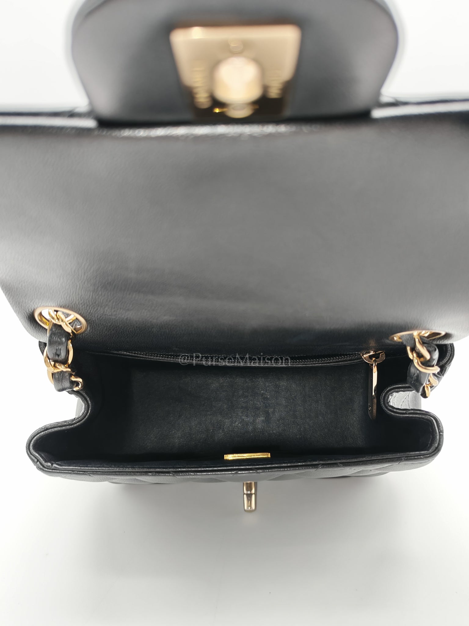 Mini Square in Black Quilted Lambskin Leather and Light Gold Hardware (Microchip) | Purse Maison Luxury Bags Shop