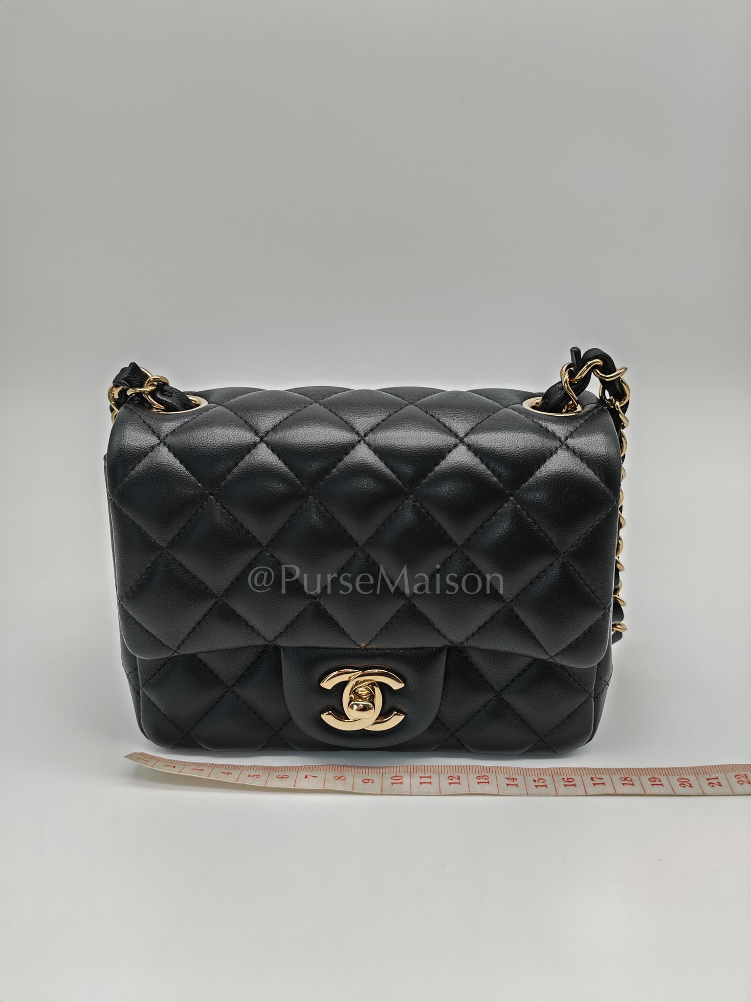 Mini Square in Black Quilted Lambskin Leather and Light Gold Hardware (Microchip) | Purse Maison Luxury Bags Shop