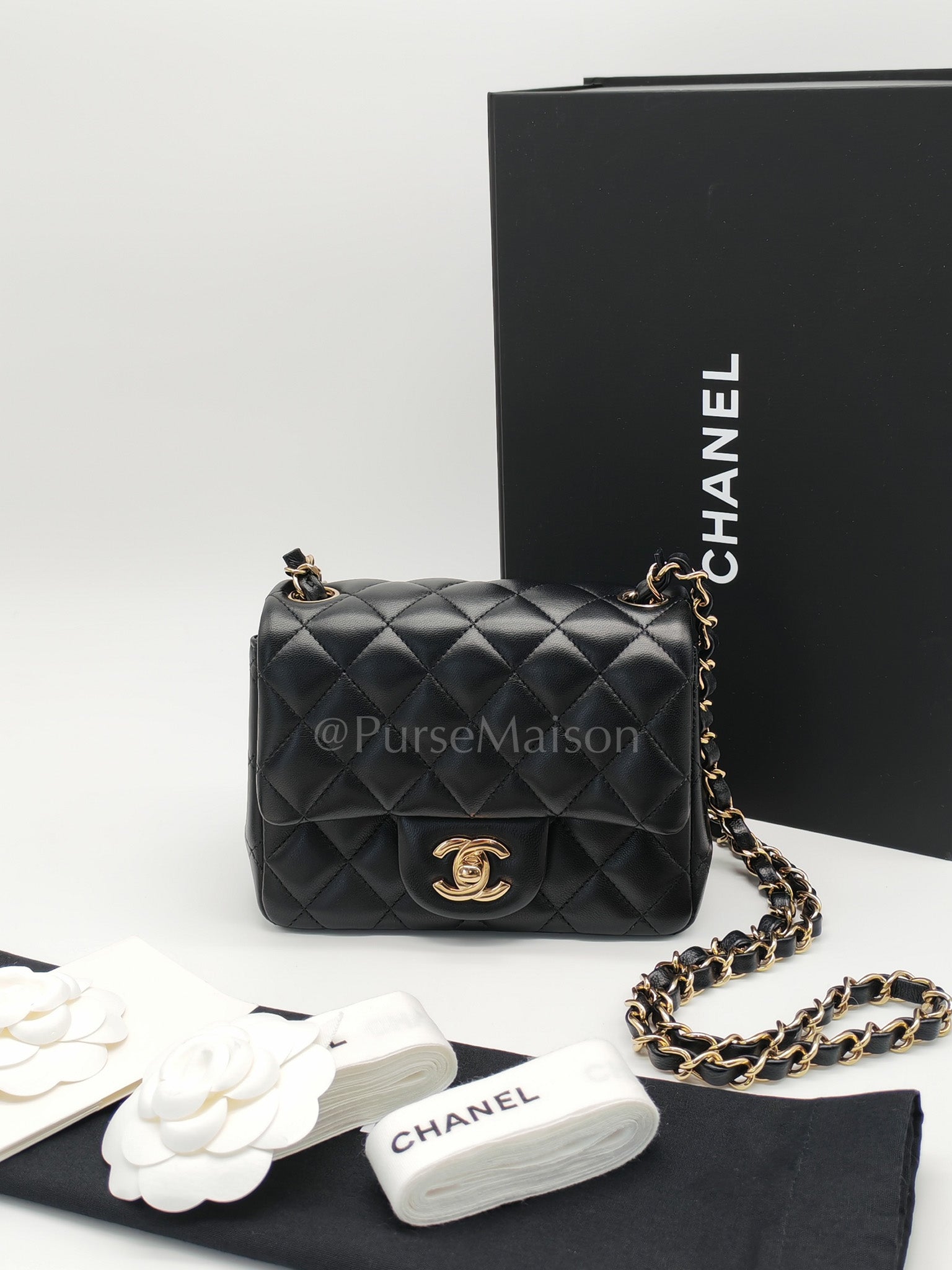 Mini Square in Black Quilted Lambskin Leather and Light Gold Hardware (Microchip) | Purse Maison Luxury Bags Shop