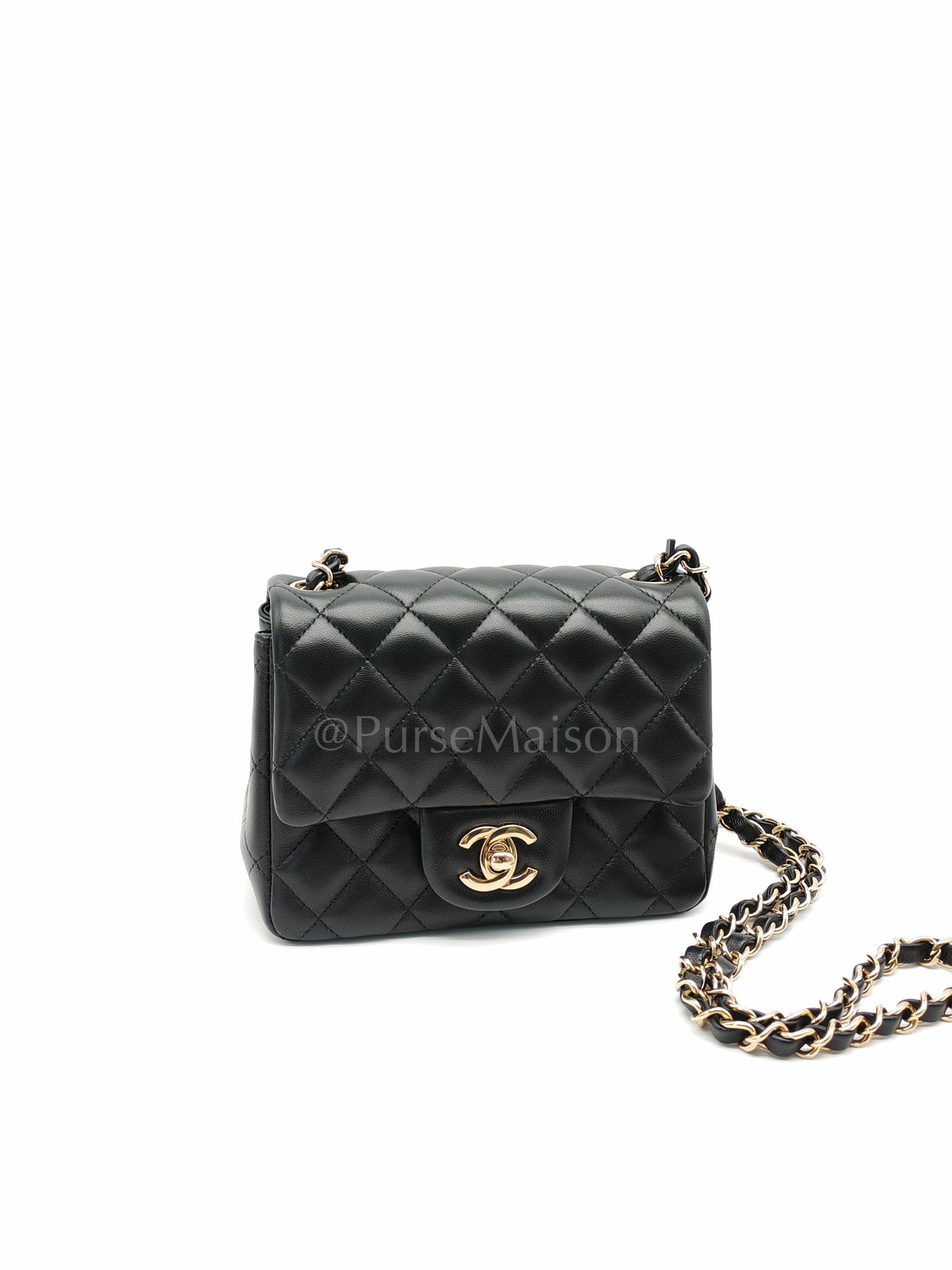 Mini Square in Black Quilted Lambskin Leather and Light Gold Hardware (Microchip) | Purse Maison Luxury Bags Shop
