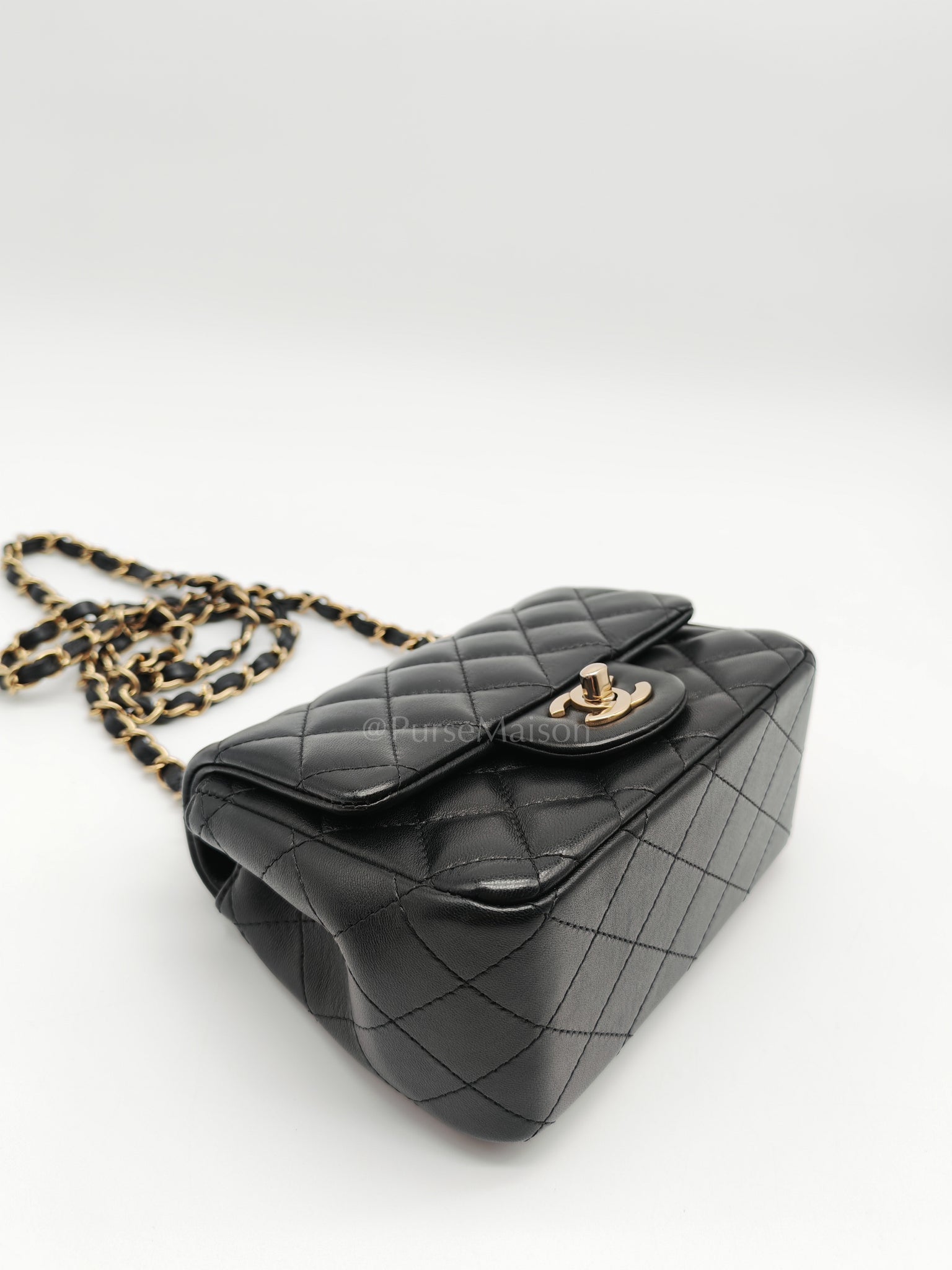 Mini Square in Black Quilted Lambskin Leather and Light Gold Hardware (Microchip) | Purse Maison Luxury Bags Shop