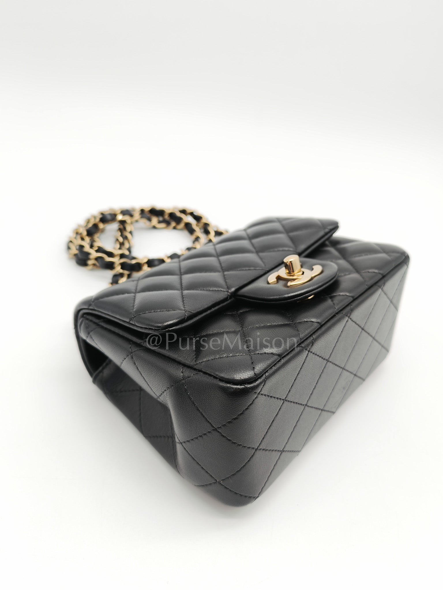 Mini Square in Black Quilted Lambskin Leather and Light Gold Hardware (Microchip) | Purse Maison Luxury Bags Shop