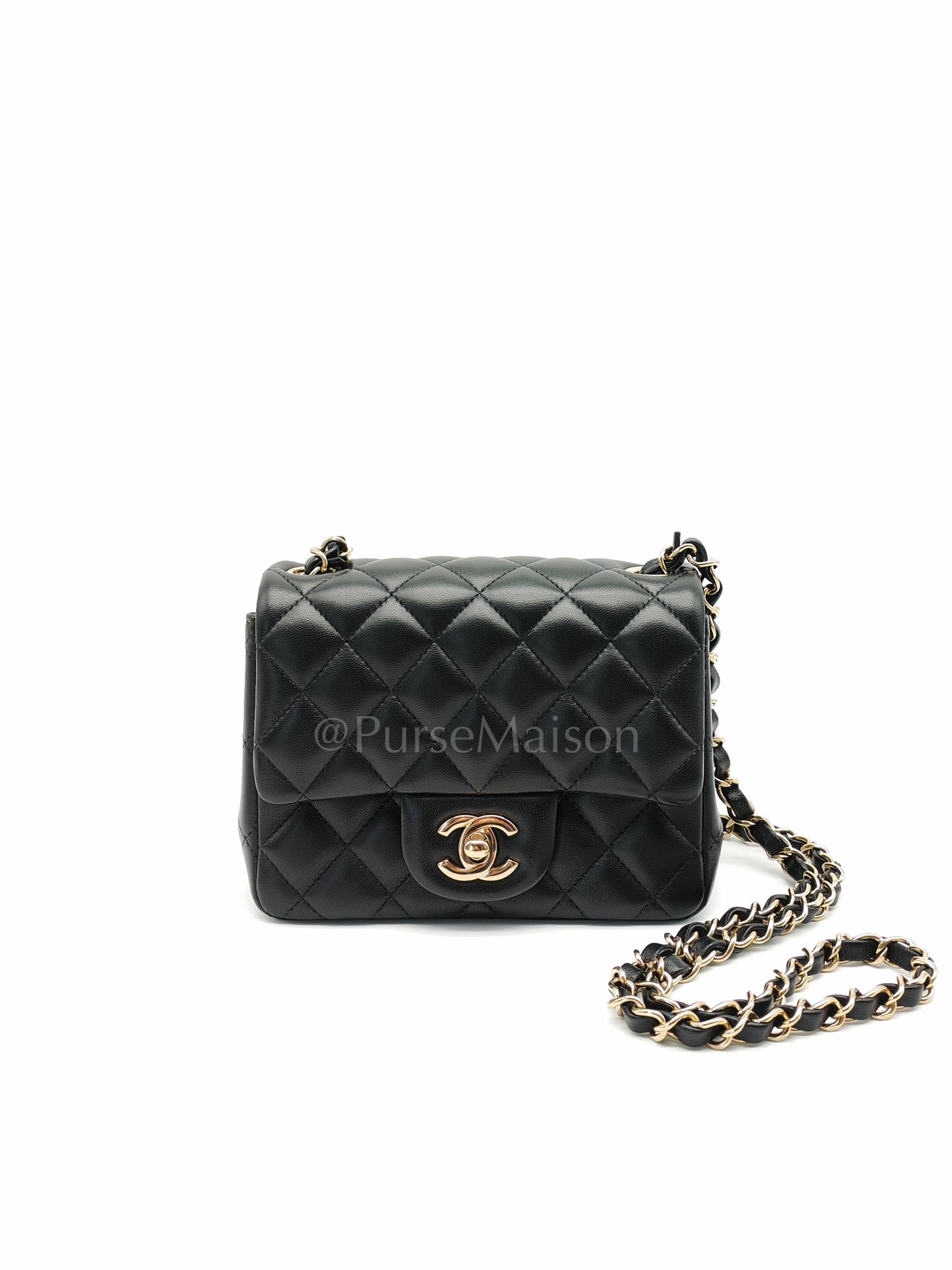 Mini Square in Black Quilted Lambskin Leather and Light Gold Hardware (Microchip) | Purse Maison Luxury Bags Shop