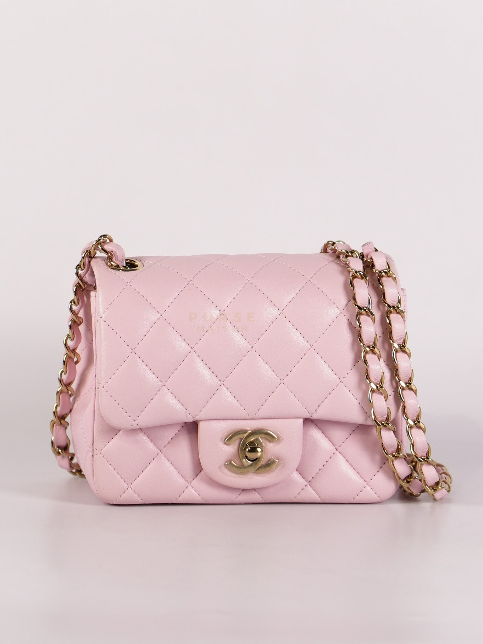 Mini Square in Pink Lambskin Leather Gold Hardware (Microchip) | Purse Maison Luxury Bags Shop