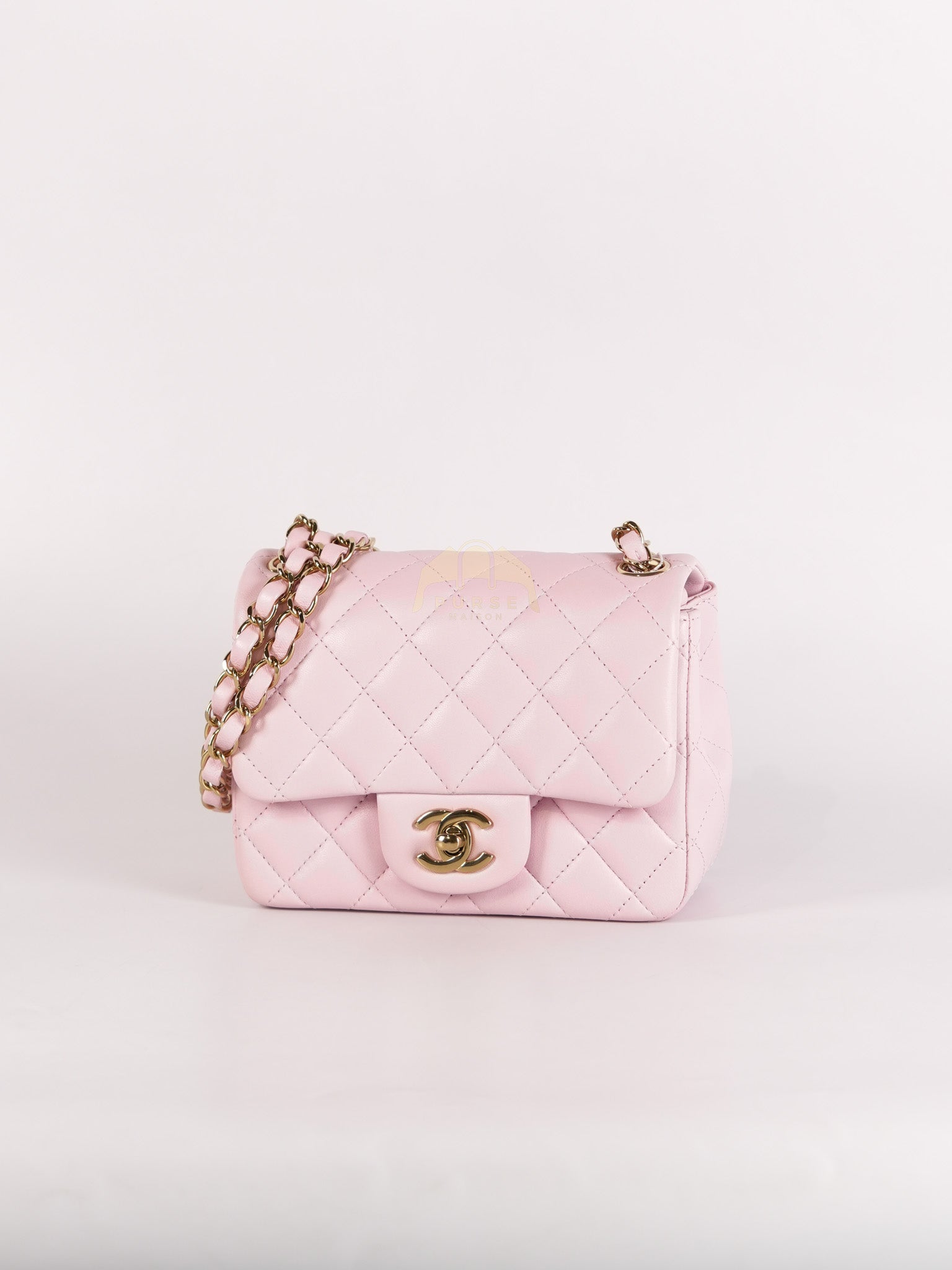 Mini Square in Pink Lambskin Leather Gold Hardware (Microchip) | Purse Maison Luxury Bags Shop