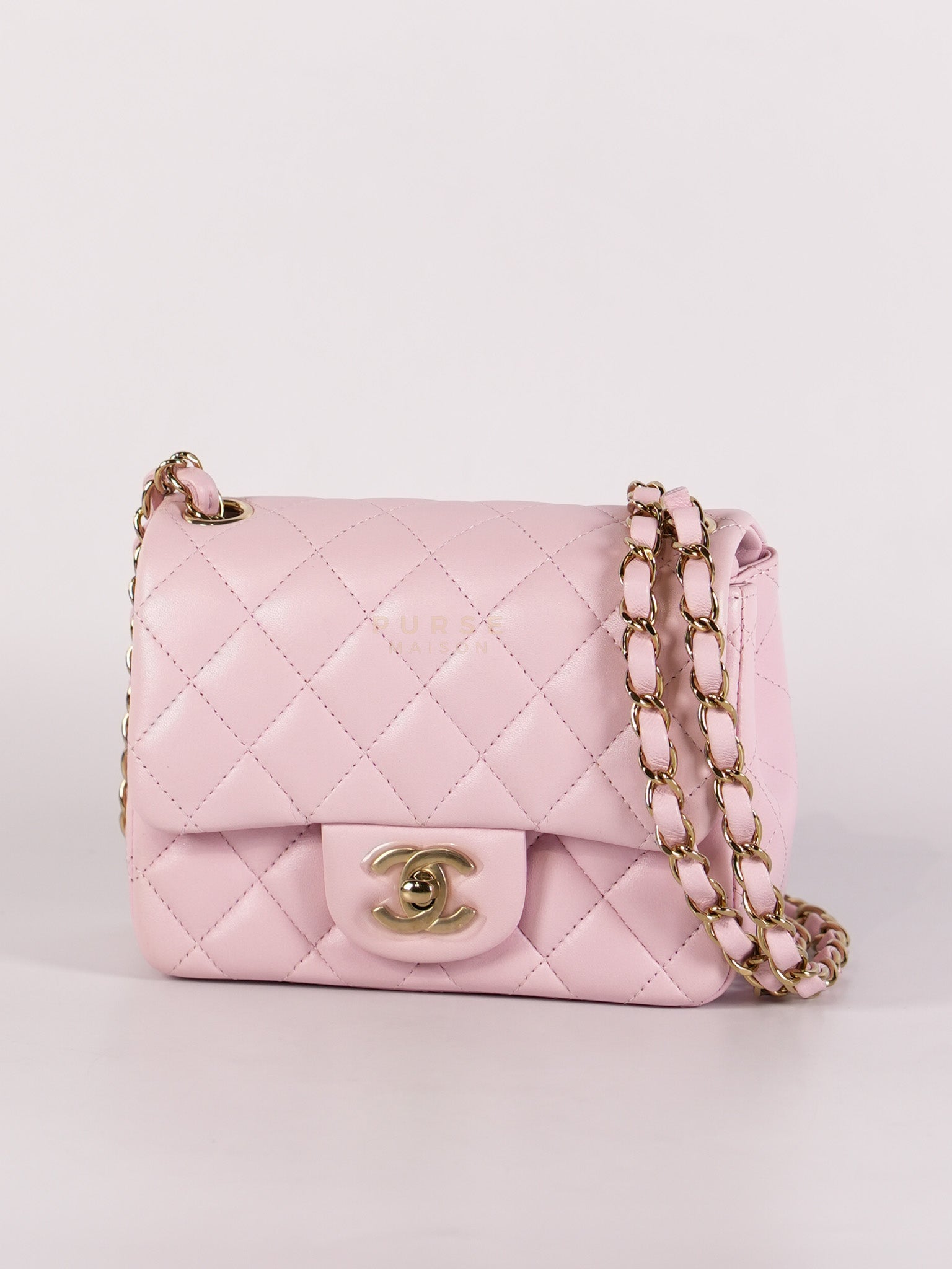 Mini Square in Pink Lambskin Leather Gold Hardware (Microchip) | Purse Maison Luxury Bags Shop