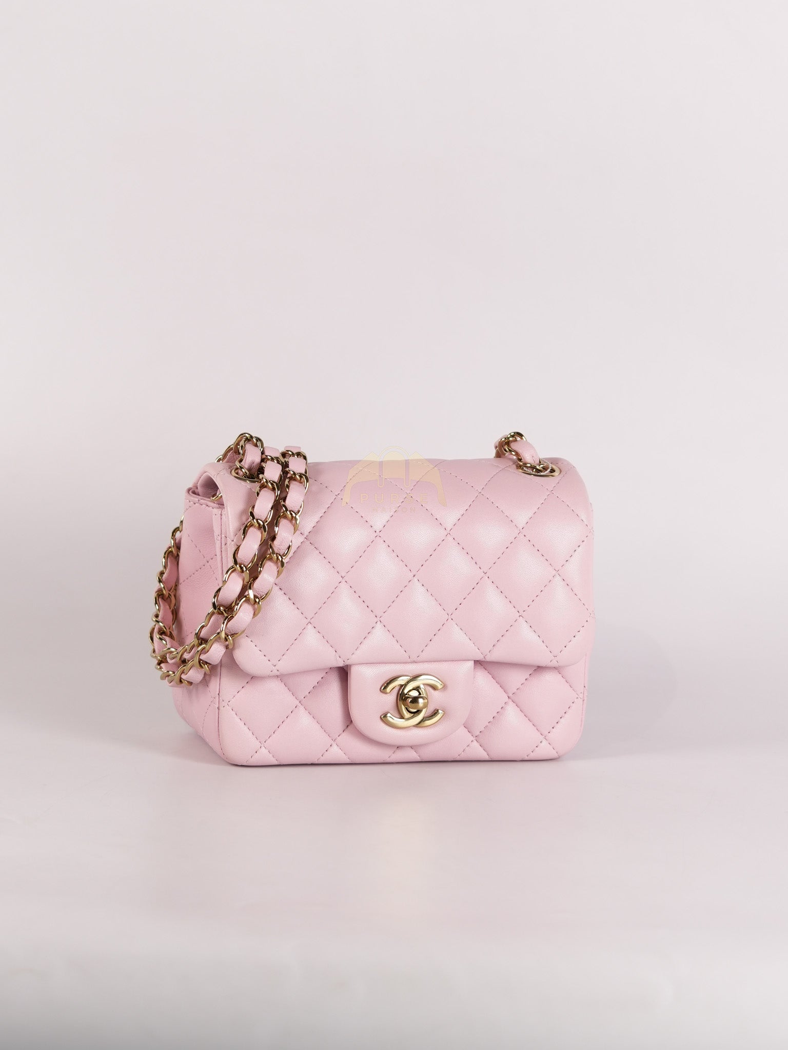 Mini Square in Pink Lambskin Leather Gold Hardware (Microchip) | Purse Maison Luxury Bags Shop