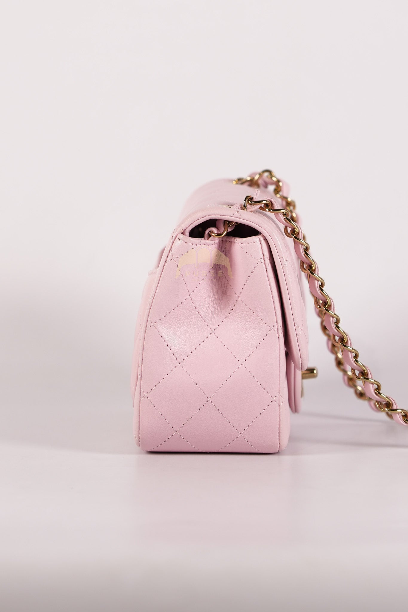 Mini Square in Pink Lambskin Leather Gold Hardware (Microchip) | Purse Maison Luxury Bags Shop