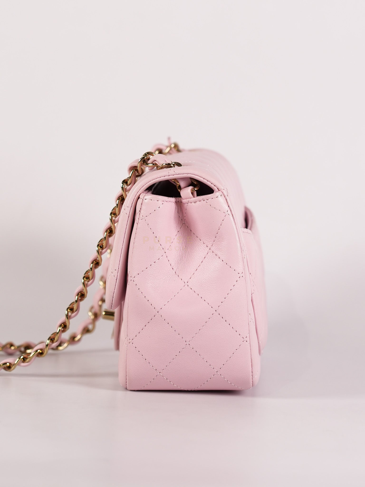 Mini Square in Pink Lambskin Leather Gold Hardware (Microchip) | Purse Maison Luxury Bags Shop