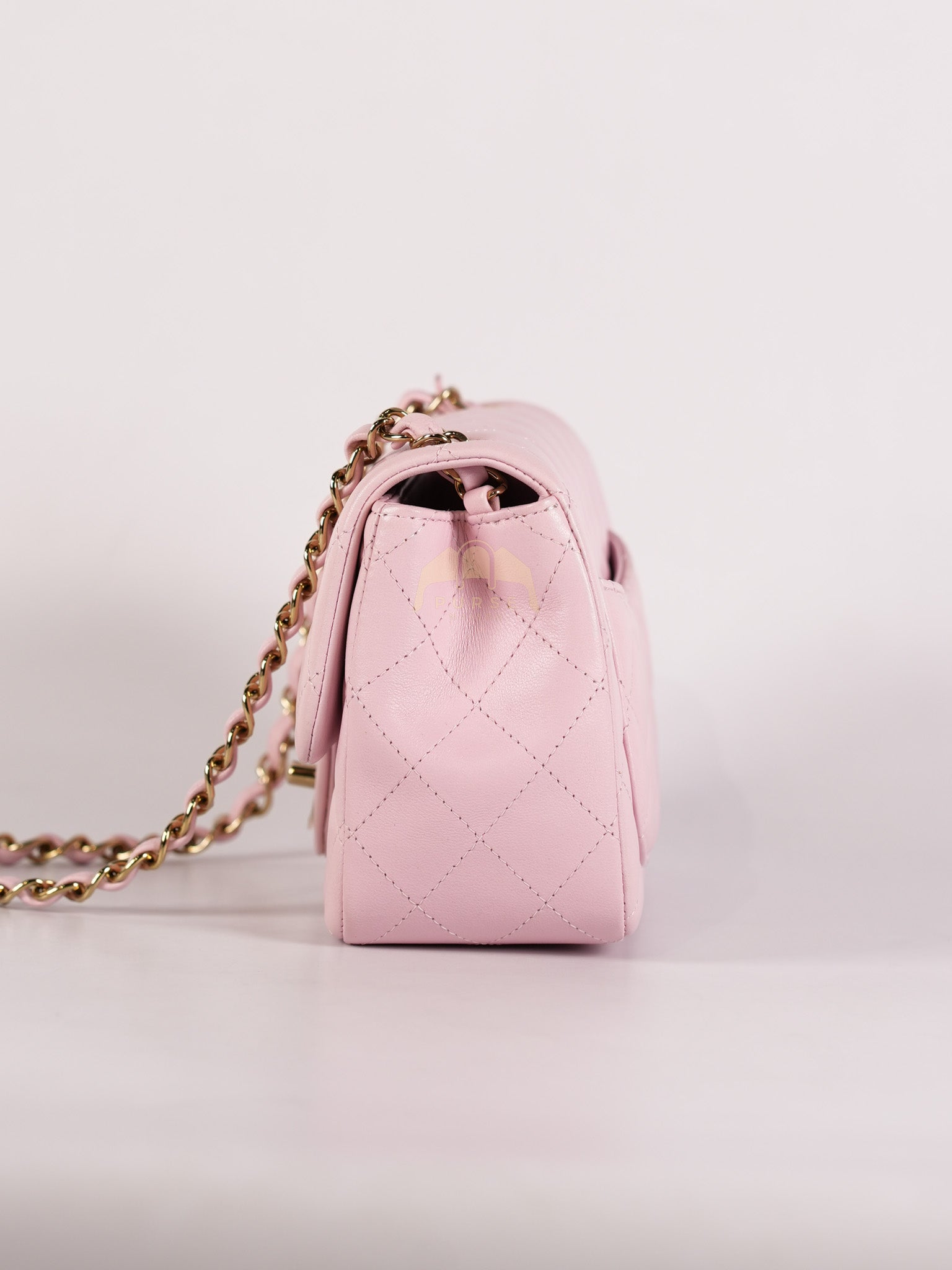 Mini Square in Pink Lambskin Leather Gold Hardware (Microchip) | Purse Maison Luxury Bags Shop