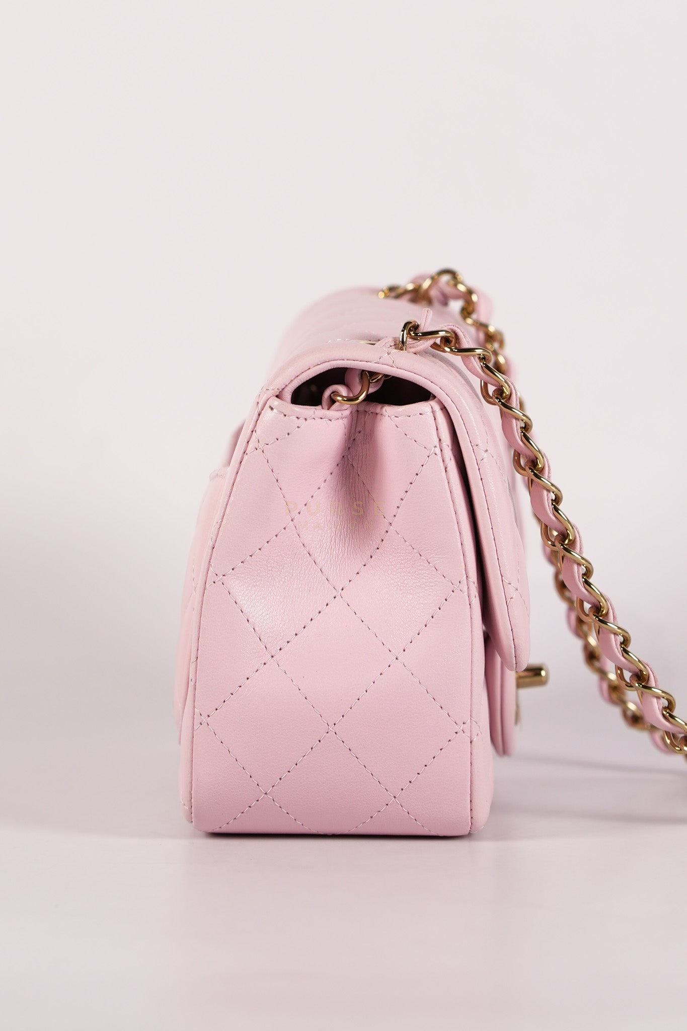 Mini Square in Pink Lambskin Leather Gold Hardware (Microchip) | Purse Maison Luxury Bags Shop