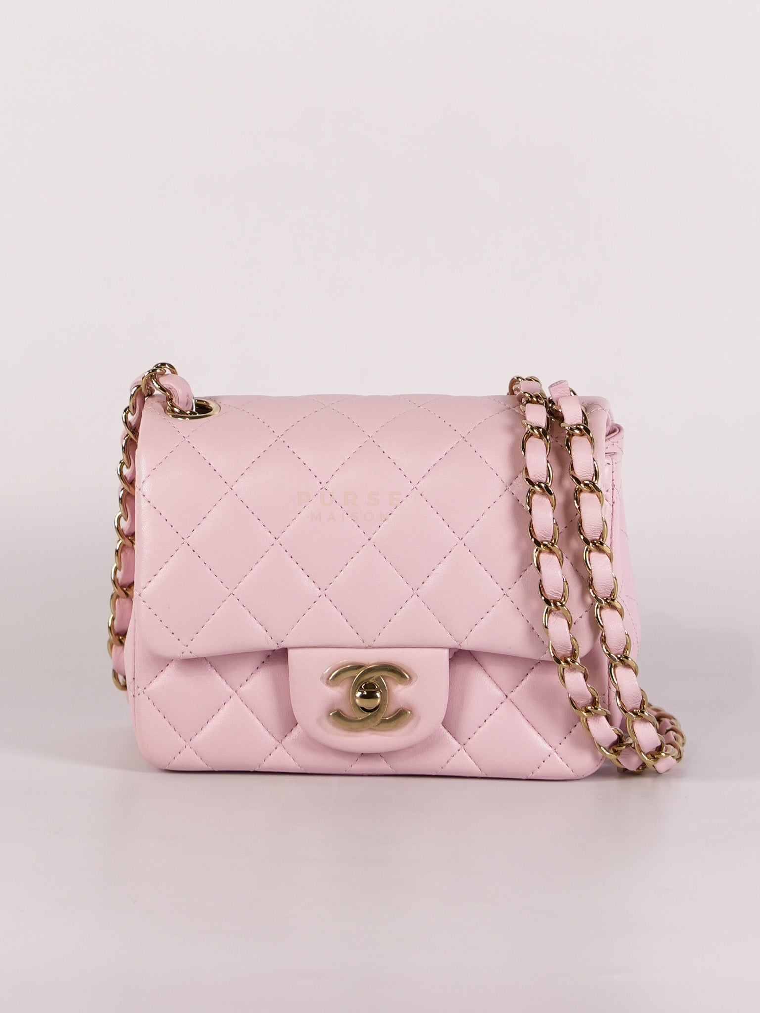 Mini Square in Pink Lambskin Leather Gold Hardware (Microchip) | Purse Maison Luxury Bags Shop