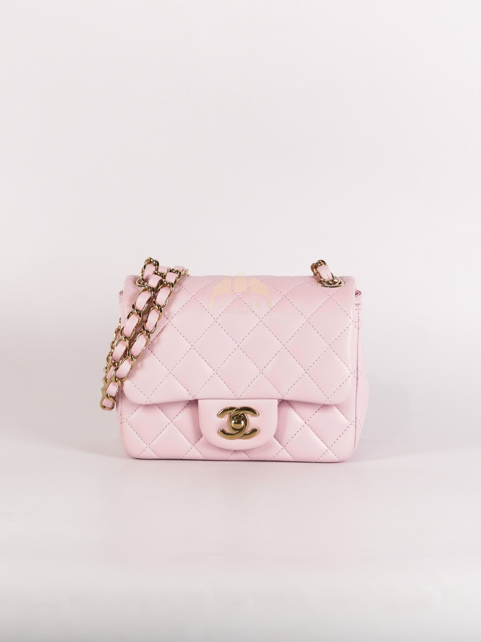 Mini Square in Pink Lambskin Leather Gold Hardware (Microchip) | Purse Maison Luxury Bags Shop