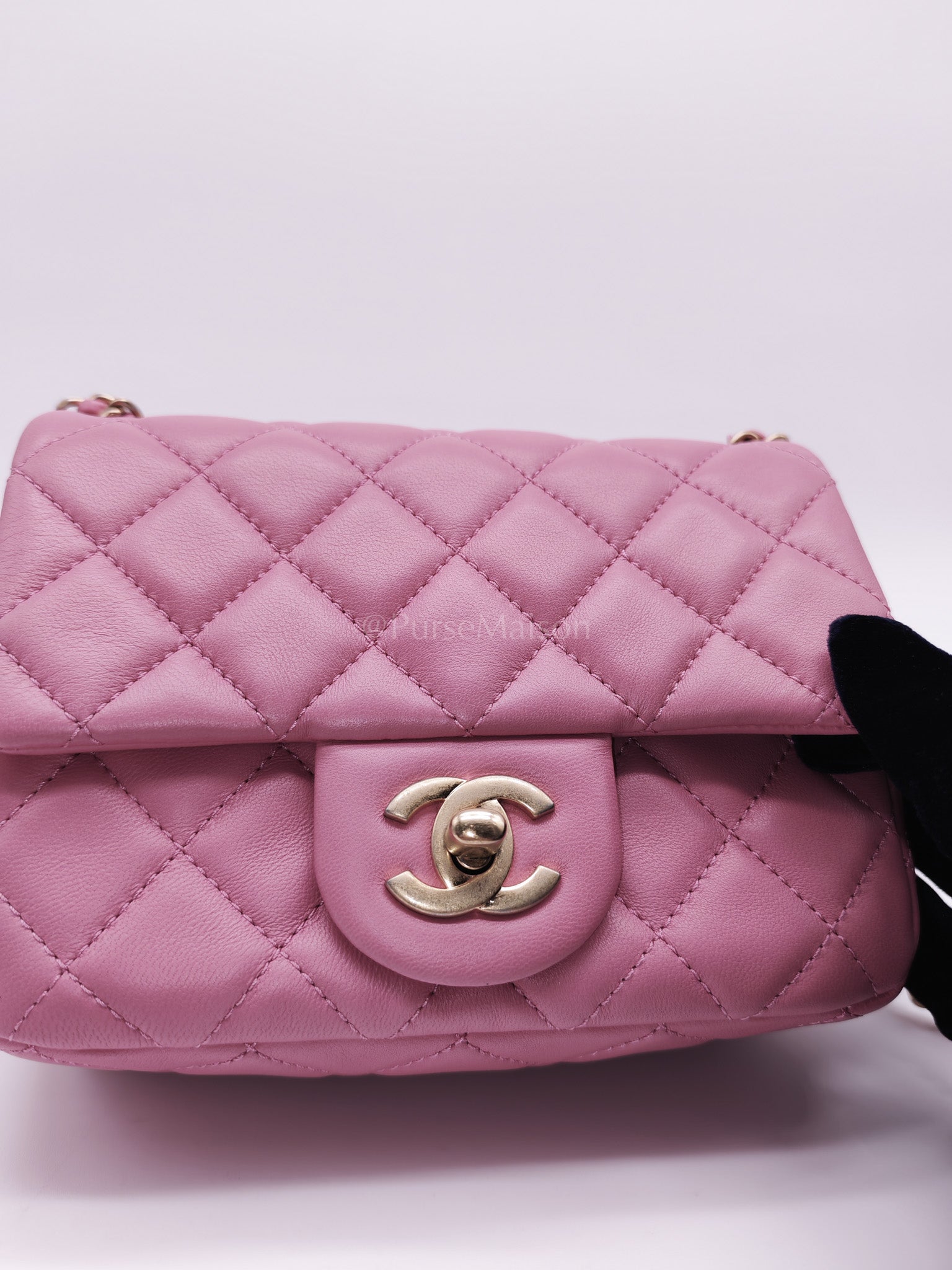 Mini Square Pearl Crush in Pink Quilted Lambskin Leather and Aged Gold Hardware Series 30 | Purse Maison Luxury Bags Shop