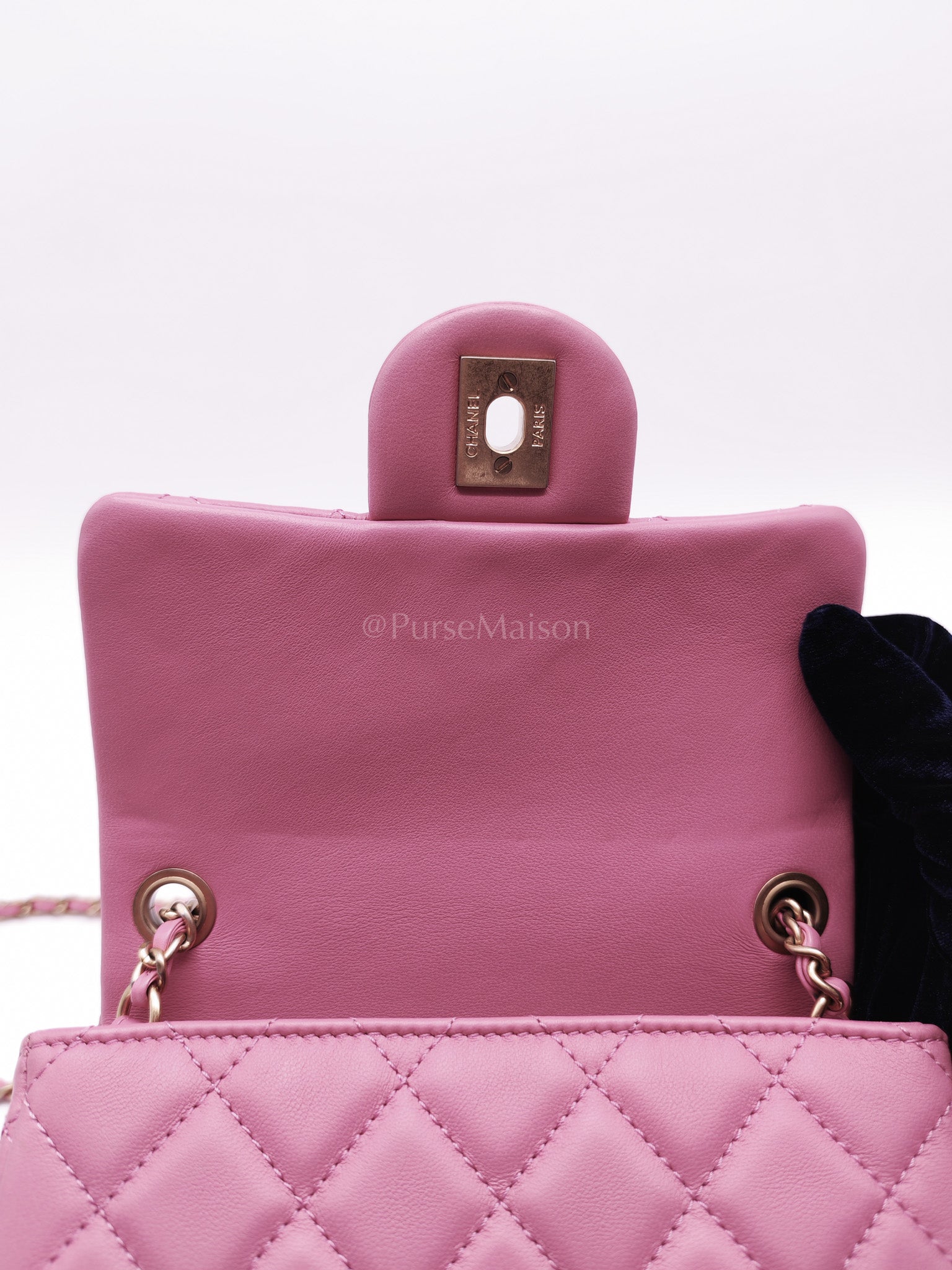Mini Square Pearl Crush in Pink Quilted Lambskin Leather and Aged Gold Hardware Series 30 | Purse Maison Luxury Bags Shop