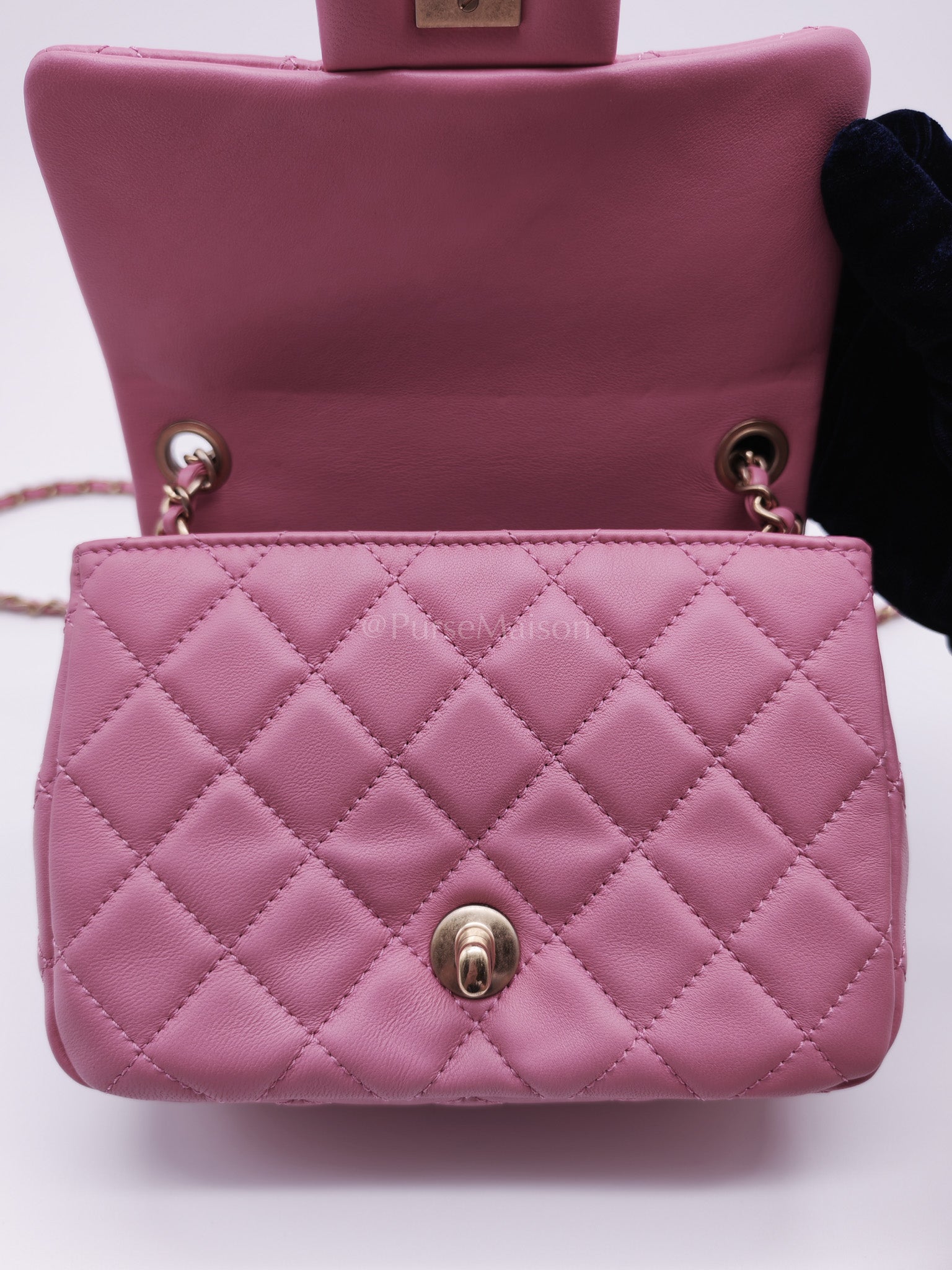 Mini Square Pearl Crush in Pink Quilted Lambskin Leather and Aged Gold Hardware Series 30 | Purse Maison Luxury Bags Shop
