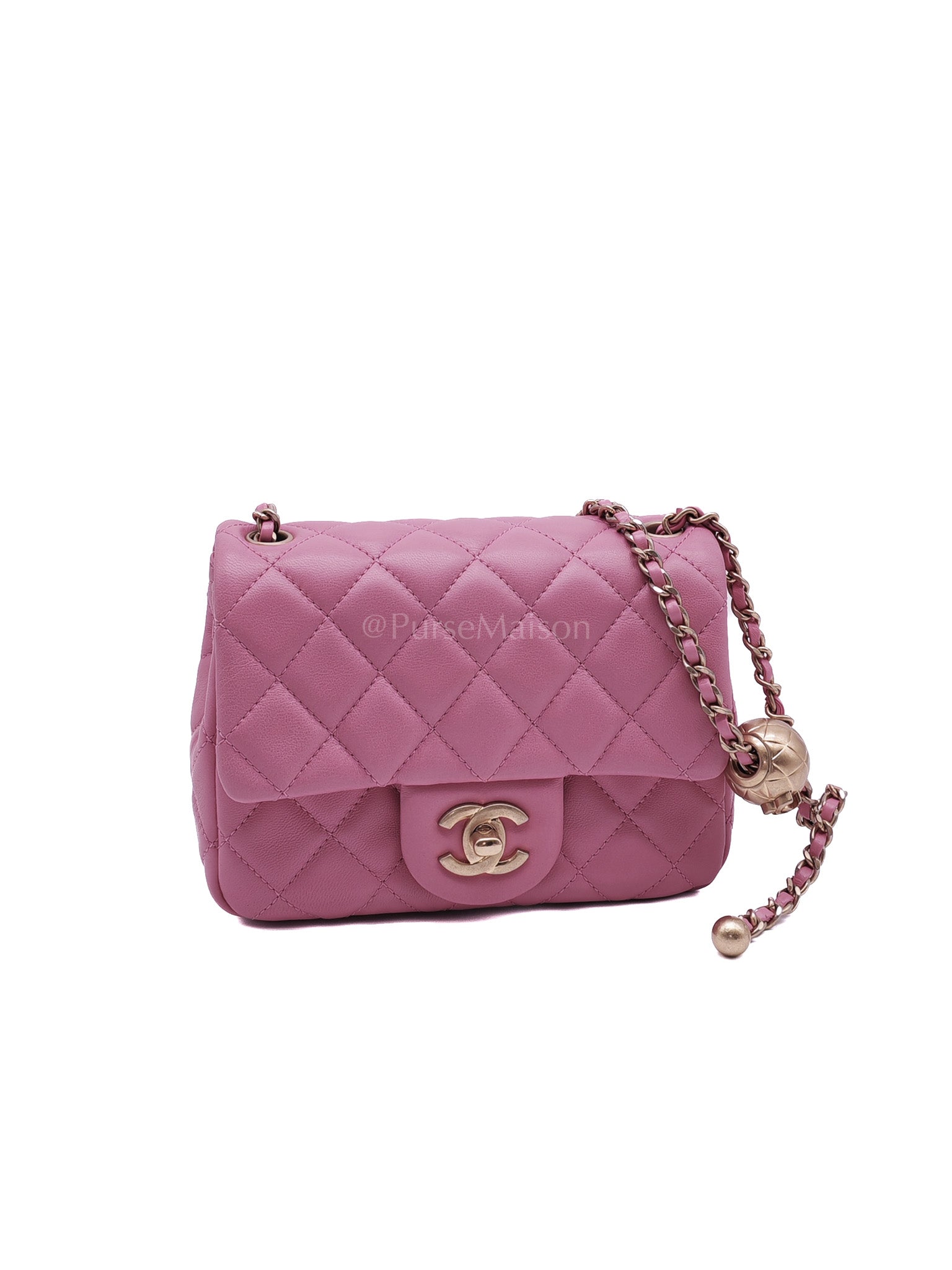 Mini Square Pearl Crush in Pink Quilted Lambskin Leather and Aged Gold Hardware Series 30 | Purse Maison Luxury Bags Shop