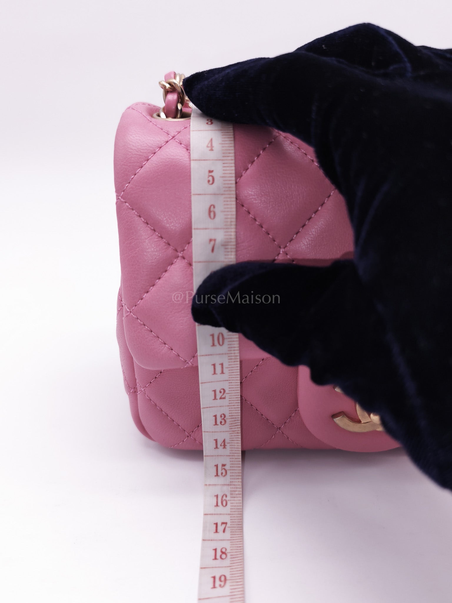 Mini Square Pearl Crush in Pink Quilted Lambskin Leather and Aged Gold Hardware Series 30 | Purse Maison Luxury Bags Shop
