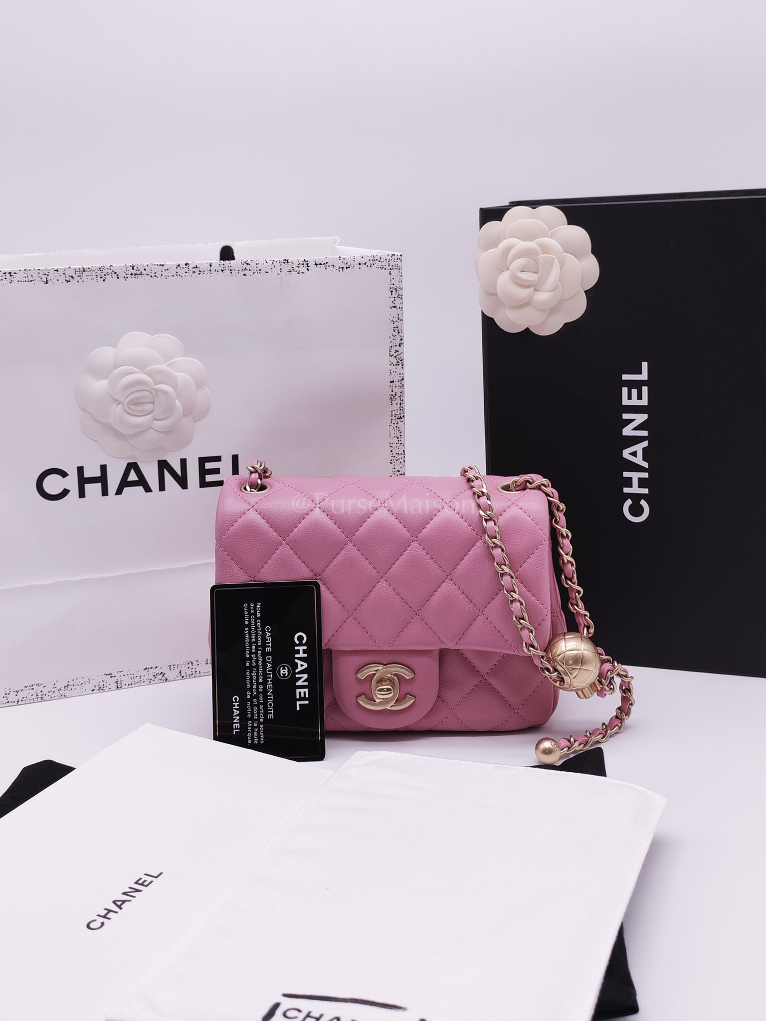 Mini Square Pearl Crush in Pink Quilted Lambskin Leather and Aged Gold Hardware Series 30 | Purse Maison Luxury Bags Shop