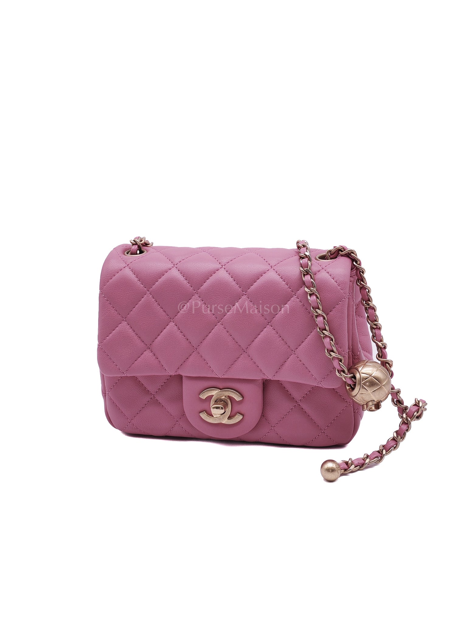 Mini Square Pearl Crush in Pink Quilted Lambskin Leather and Aged Gold Hardware Series 30 | Purse Maison Luxury Bags Shop