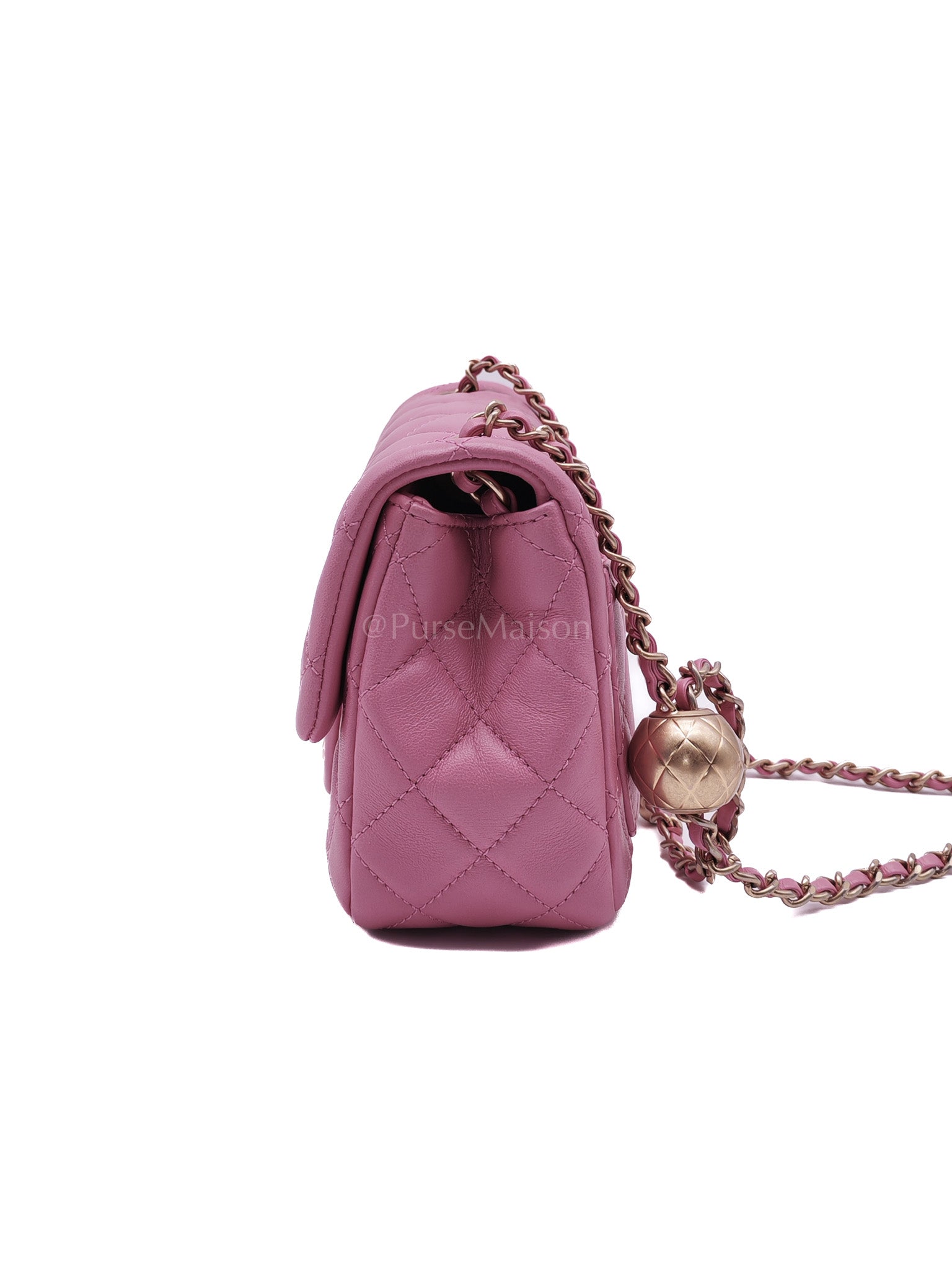 Mini Square Pearl Crush in Pink Quilted Lambskin Leather and Aged Gold Hardware Series 30 | Purse Maison Luxury Bags Shop