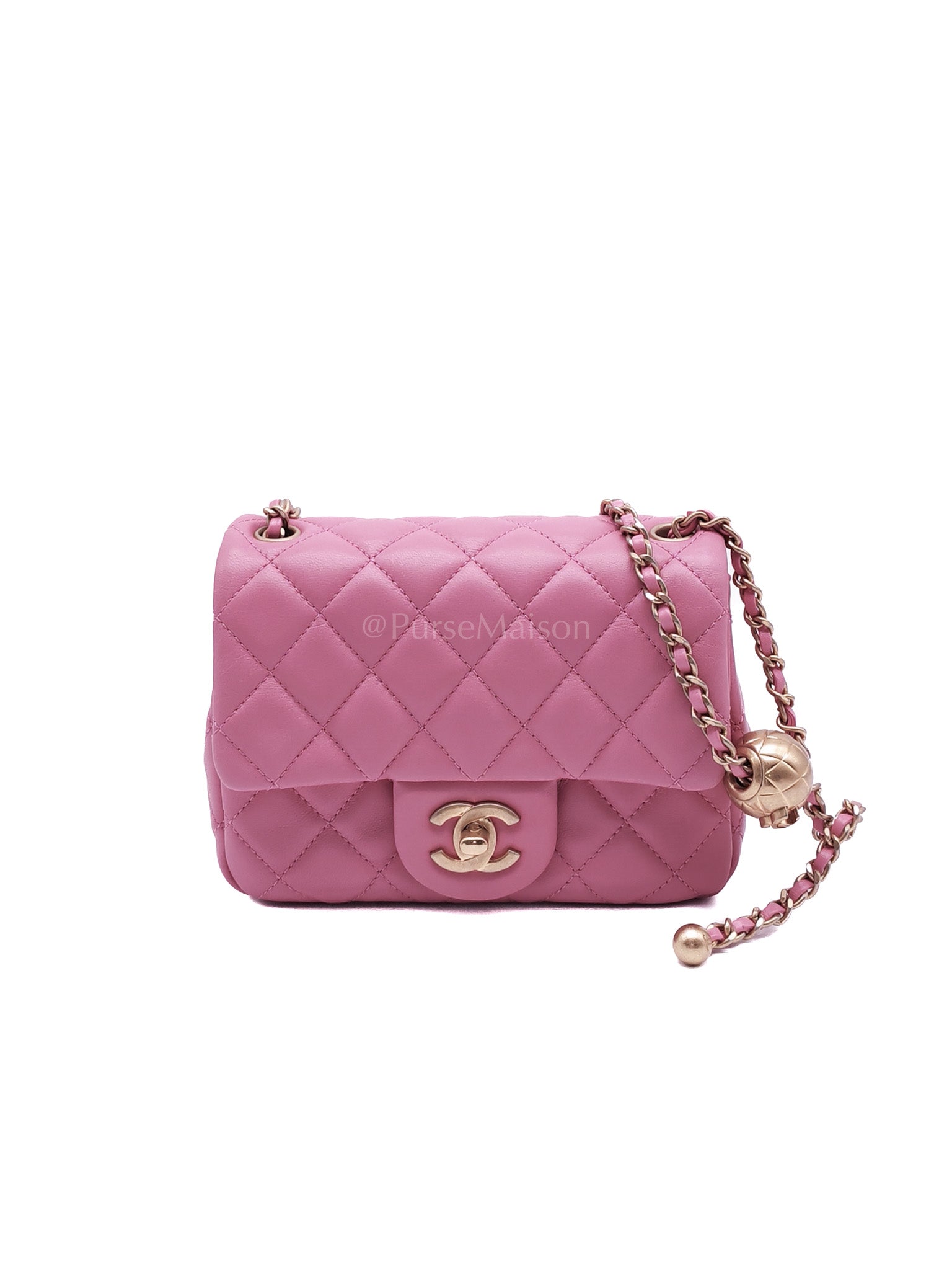 Mini Square Pearl Crush in Pink Quilted Lambskin Leather and Aged Gold Hardware Series 30 | Purse Maison Luxury Bags Shop
