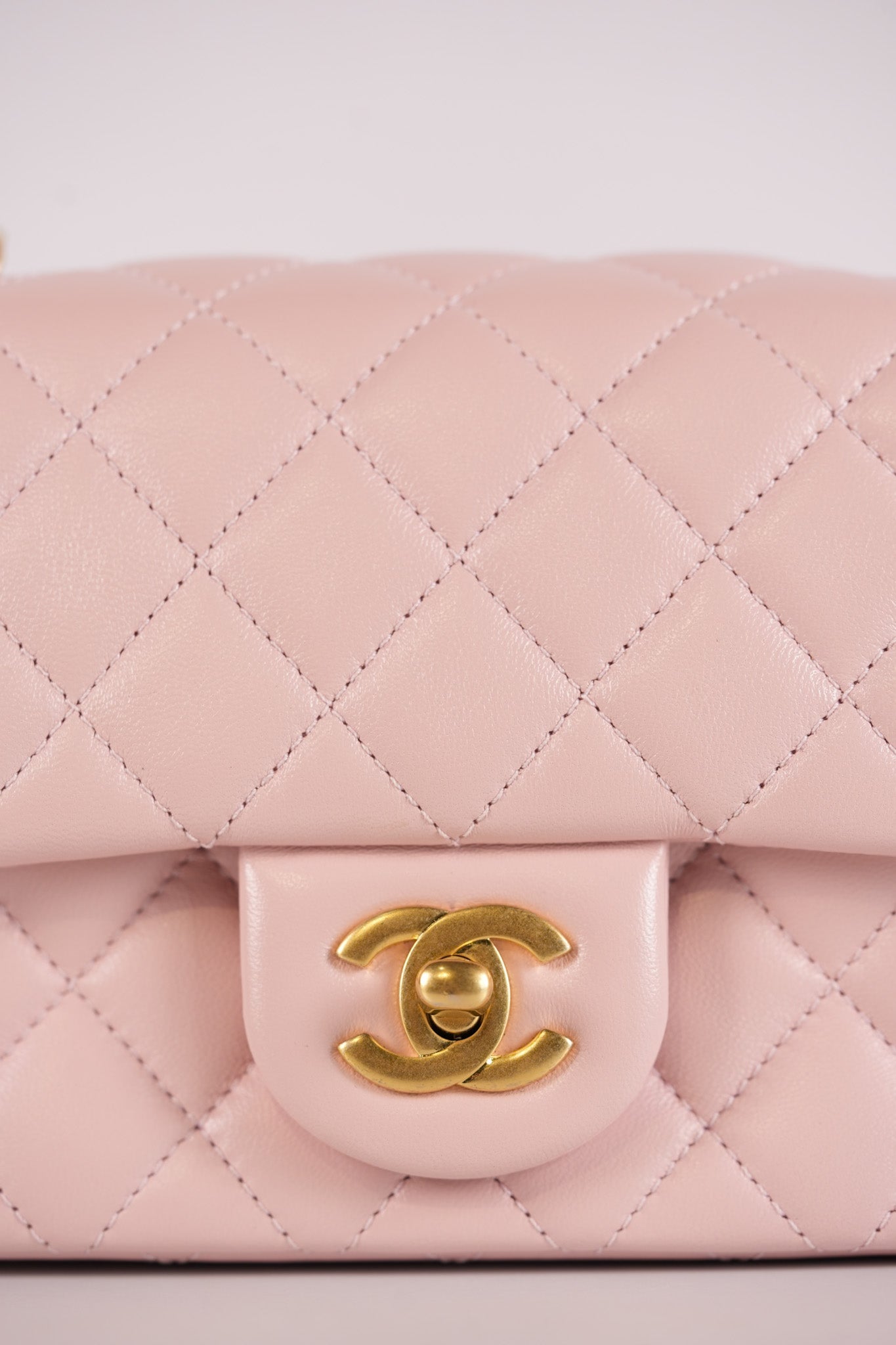 Mini Square Pearl Crush in Sakura Pink Lambskin Leather and Aged Gold Hardware (Microchip) | Purse Maison Luxury Bags Shop