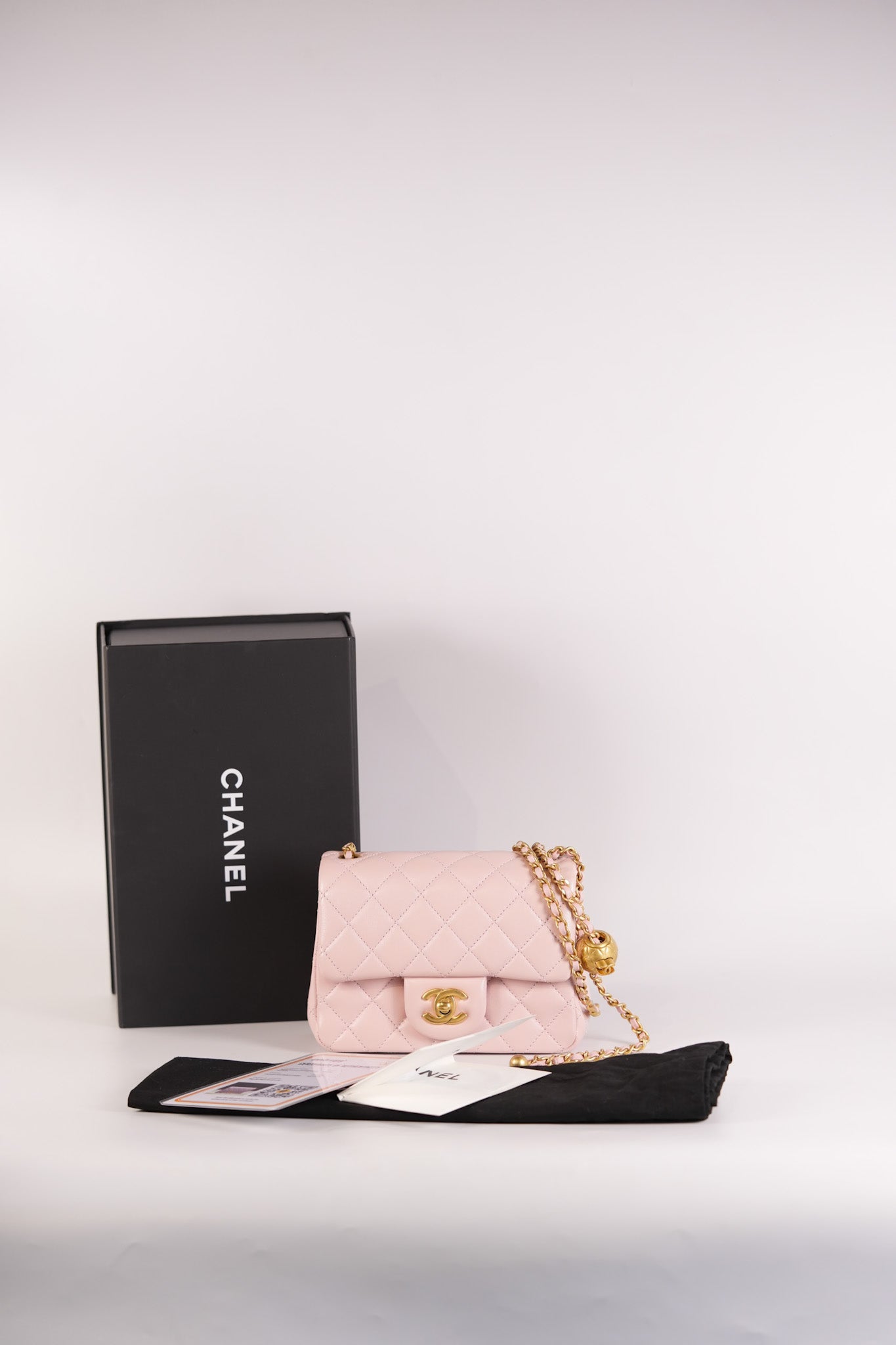 Mini Square Pearl Crush in Sakura Pink Lambskin Leather and Aged Gold Hardware (Microchip) | Purse Maison Luxury Bags Shop