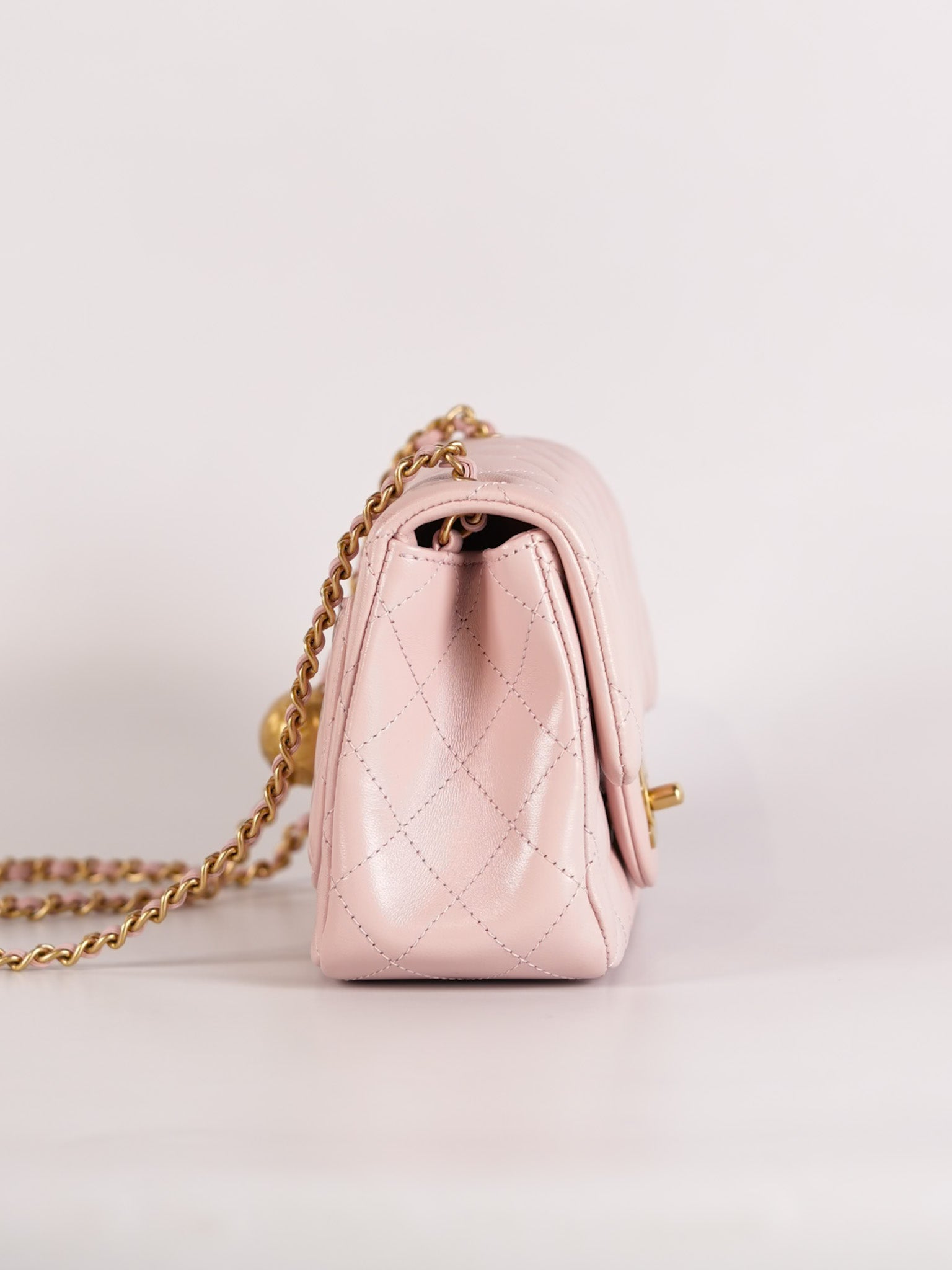 Mini Square Pearl Crush in Sakura Pink Lambskin Leather and Aged Gold Hardware (Microchip) | Purse Maison Luxury Bags Shop